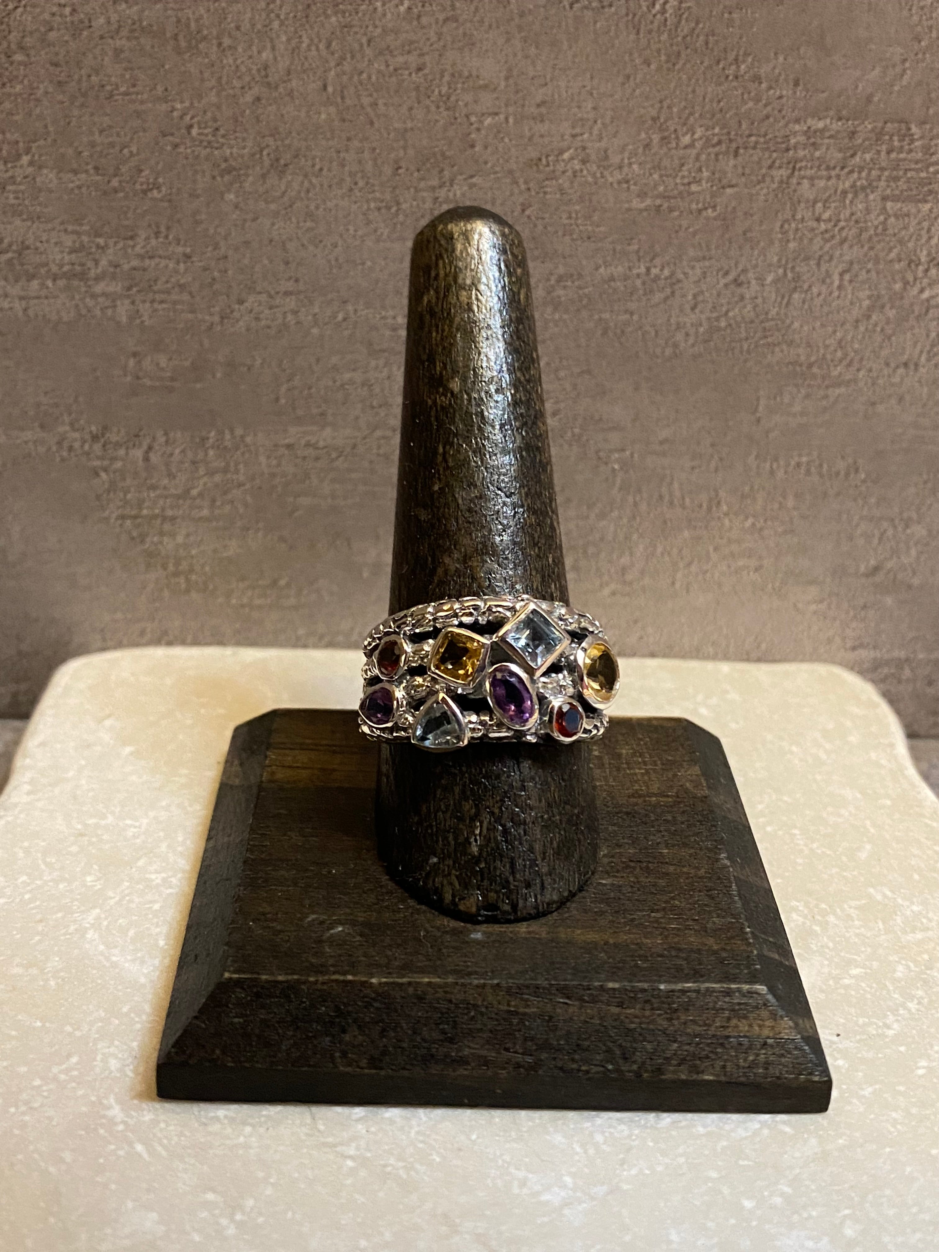 Sterling Silver Amethyst, Blue Topaz, Citrine, & Garnet Ring Size 8.5