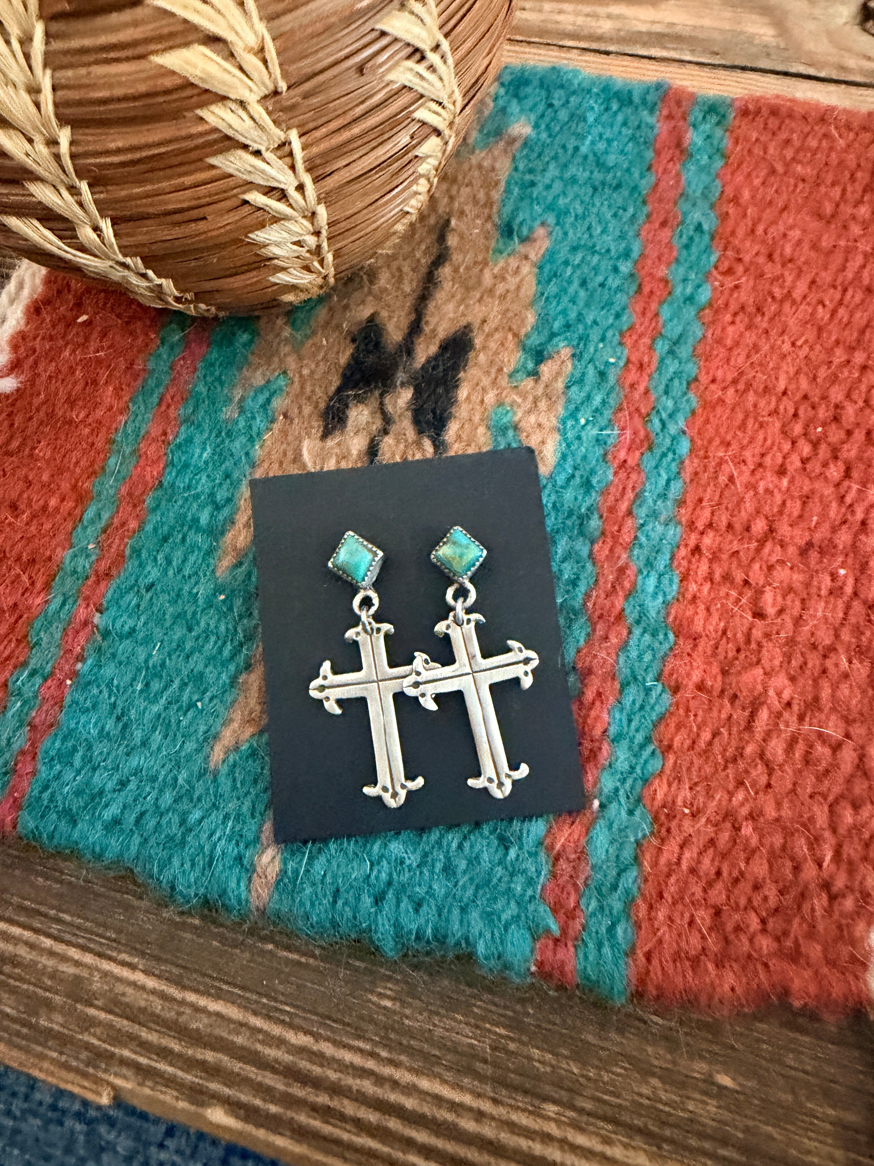Handcrafted Turquoise & Sterling Silver Cross Dangle Earrings