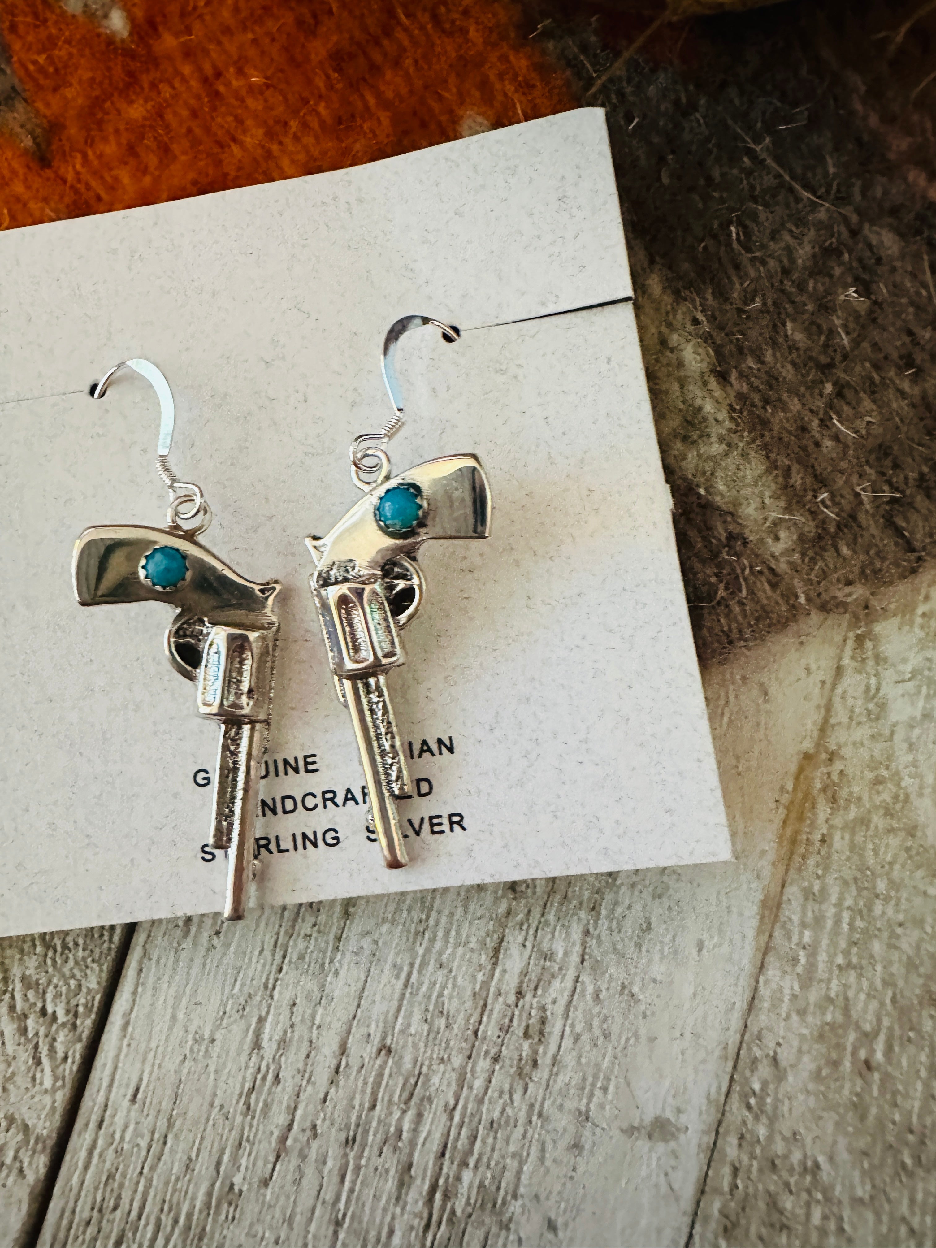 Handcrafted Turquoise And Sterling Silver Pistol Dangle Earrings
