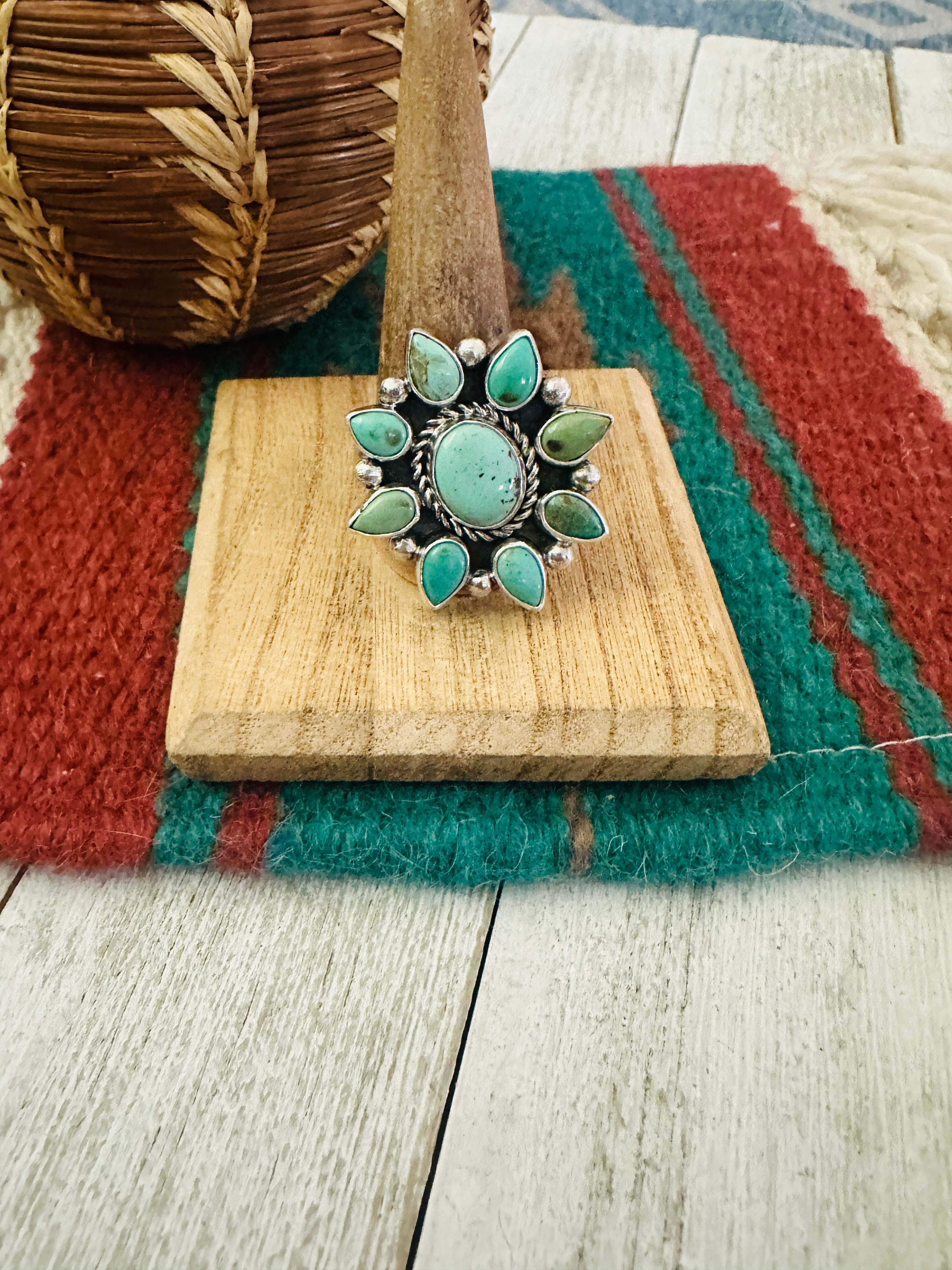 Navajo Sterling Silver & Turquoise Cluster Adjustable Ring