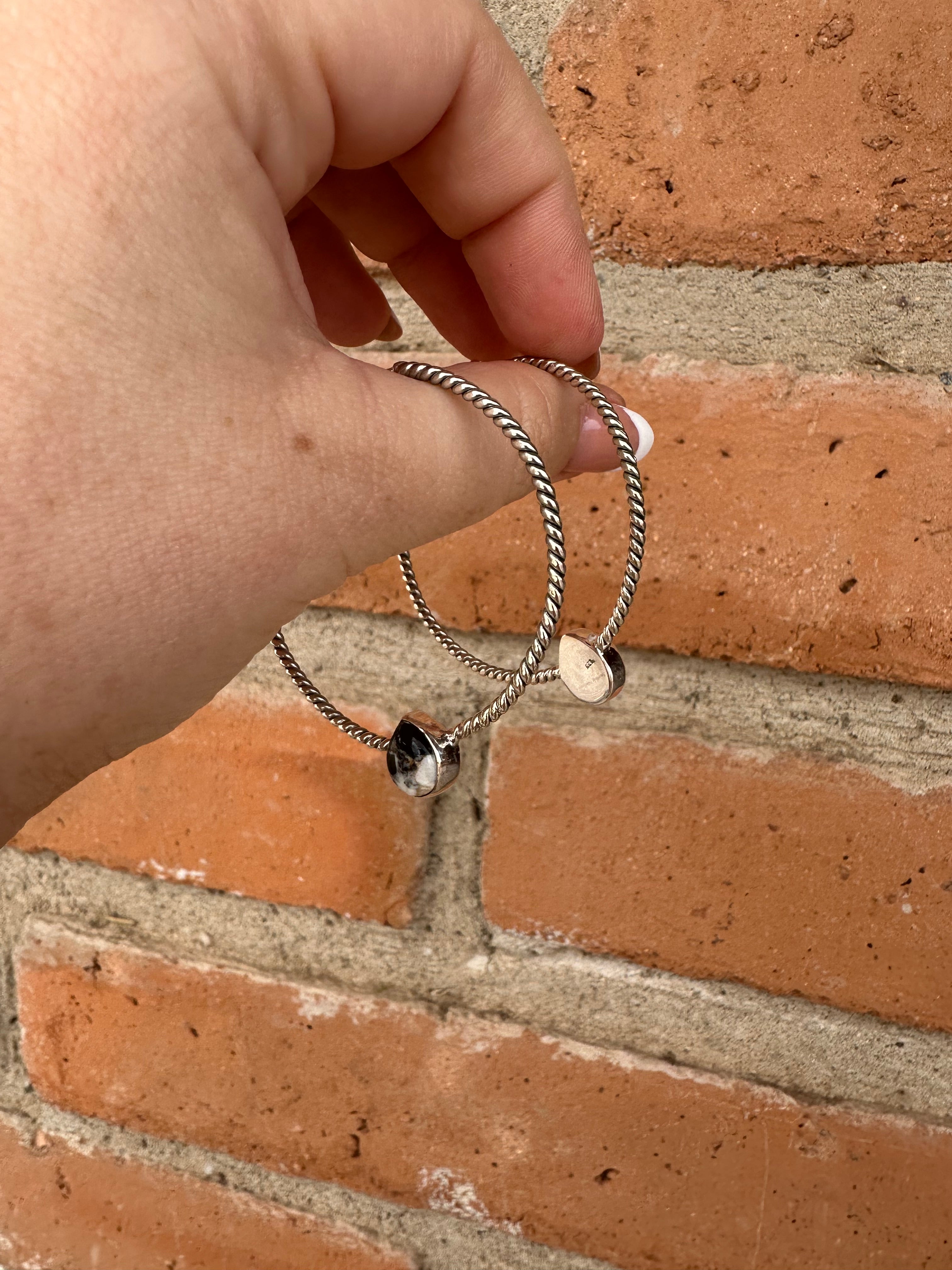 Handmade White Buffalo & Sterling Silver Hoop Earrings Signed Nizhoni