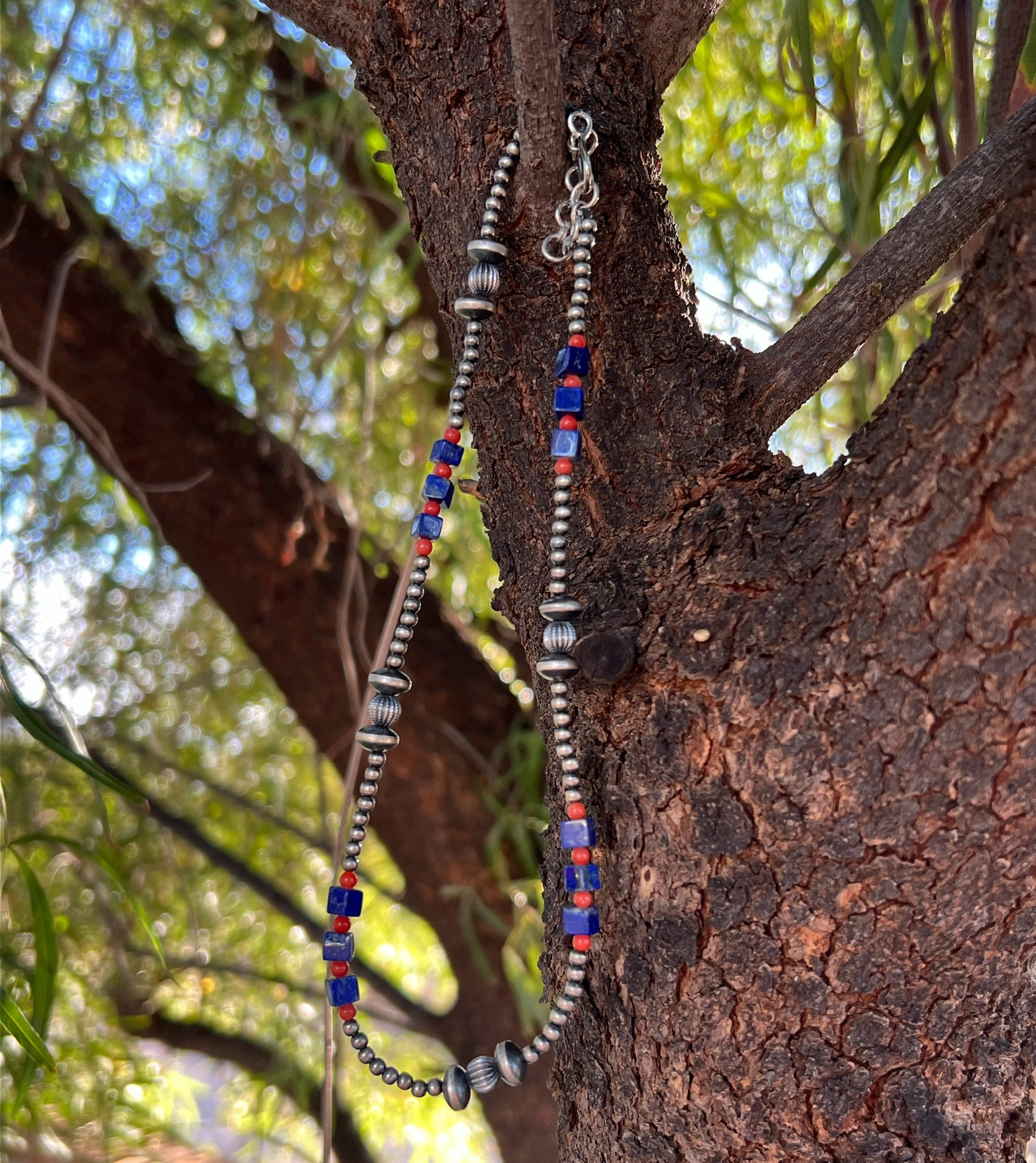 Handmade Coral & Lapis Beaded Sterling Silver Necklace