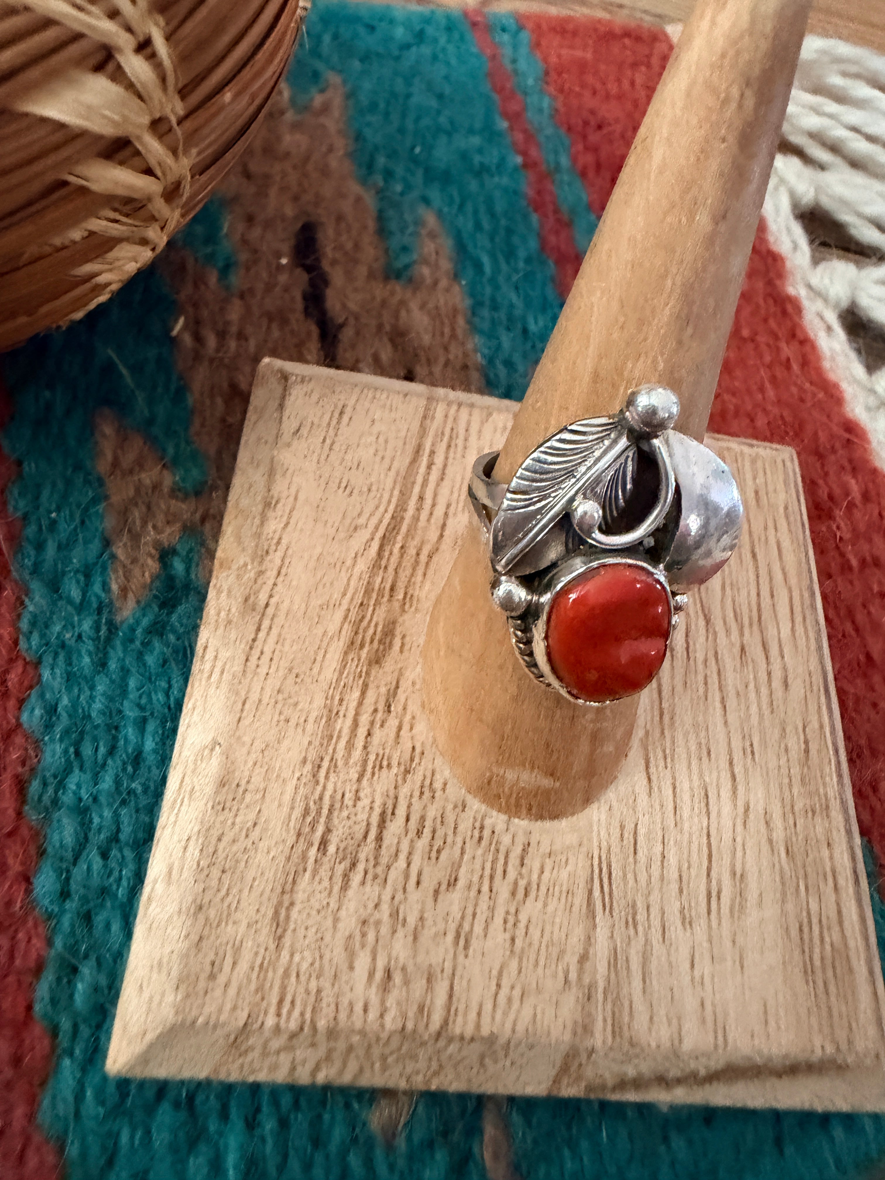 Old Pawn Handcrafted Coral & Sterling Silver Ring Size 7