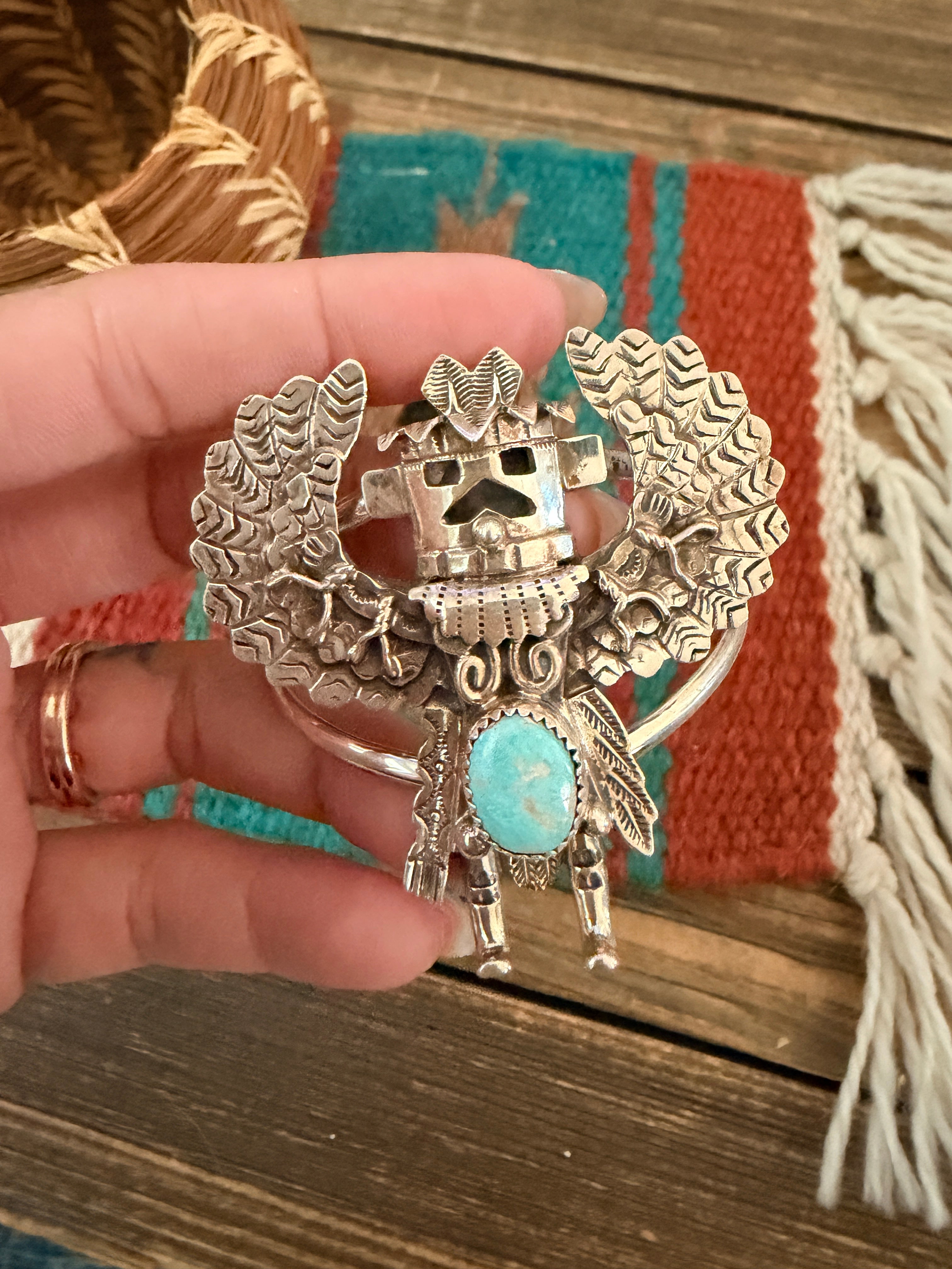 Handcrafted Old Pawn Sterling Silver & Turquoise Kokopelli Cuff Bracelet