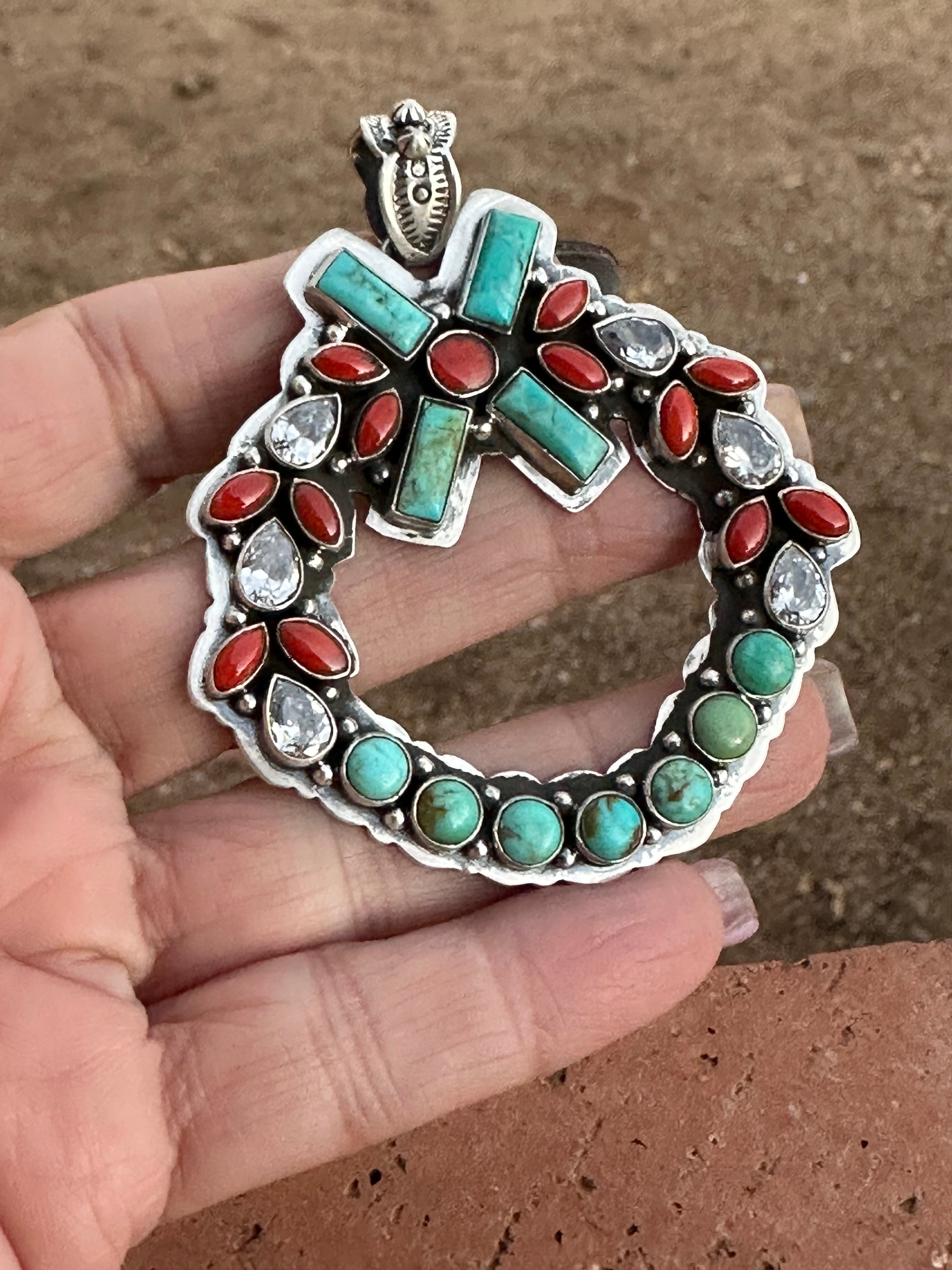 Handmade Sterling Silver, Coral & Kingman Turquoise Christmas Wreath Pendant