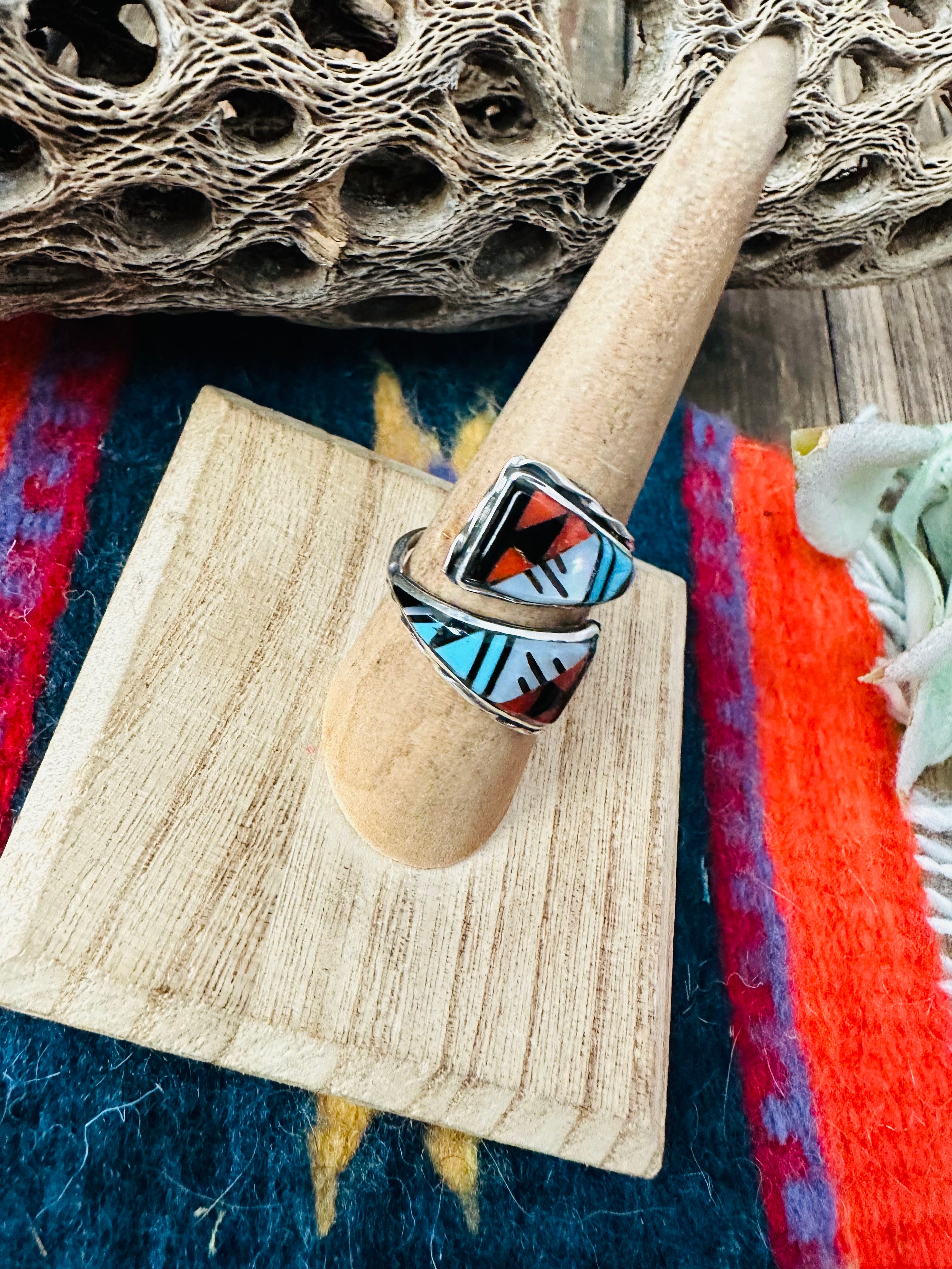 Zuni Sterling Silver & Multi Stone Inlay Adjustable Ring