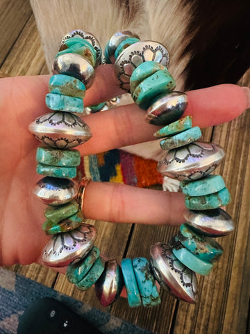 Handcrafted Turquoise & Sterling Silver Beaded 16” Necklace