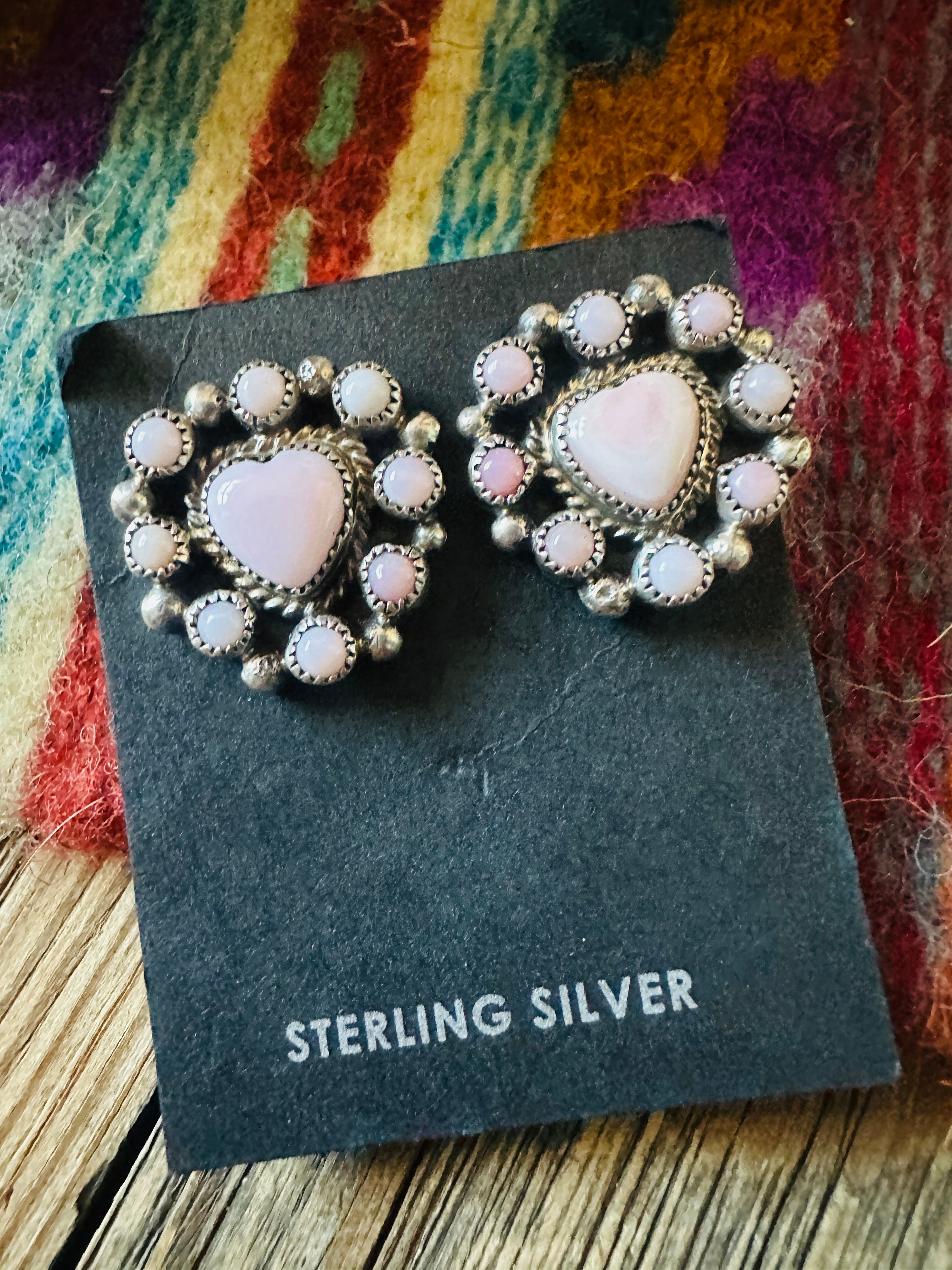 Handcrafted Queen Pink Conch & Sterling Silver Cluster Heart Post Earrings