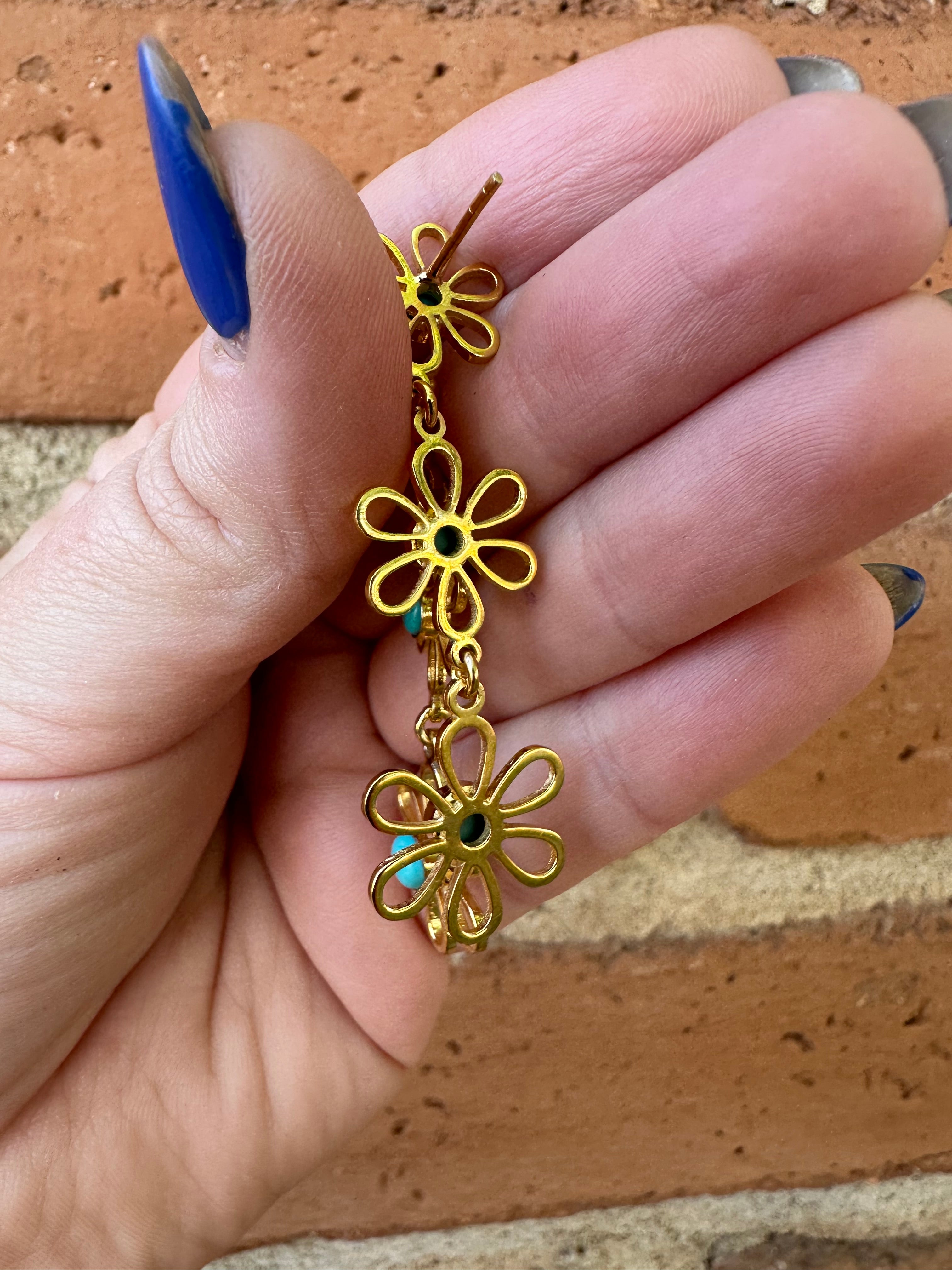 “The Golden Collection” Natural Turquoise Daisy 3 Stone Handmade 14k Gold Plated Earrings