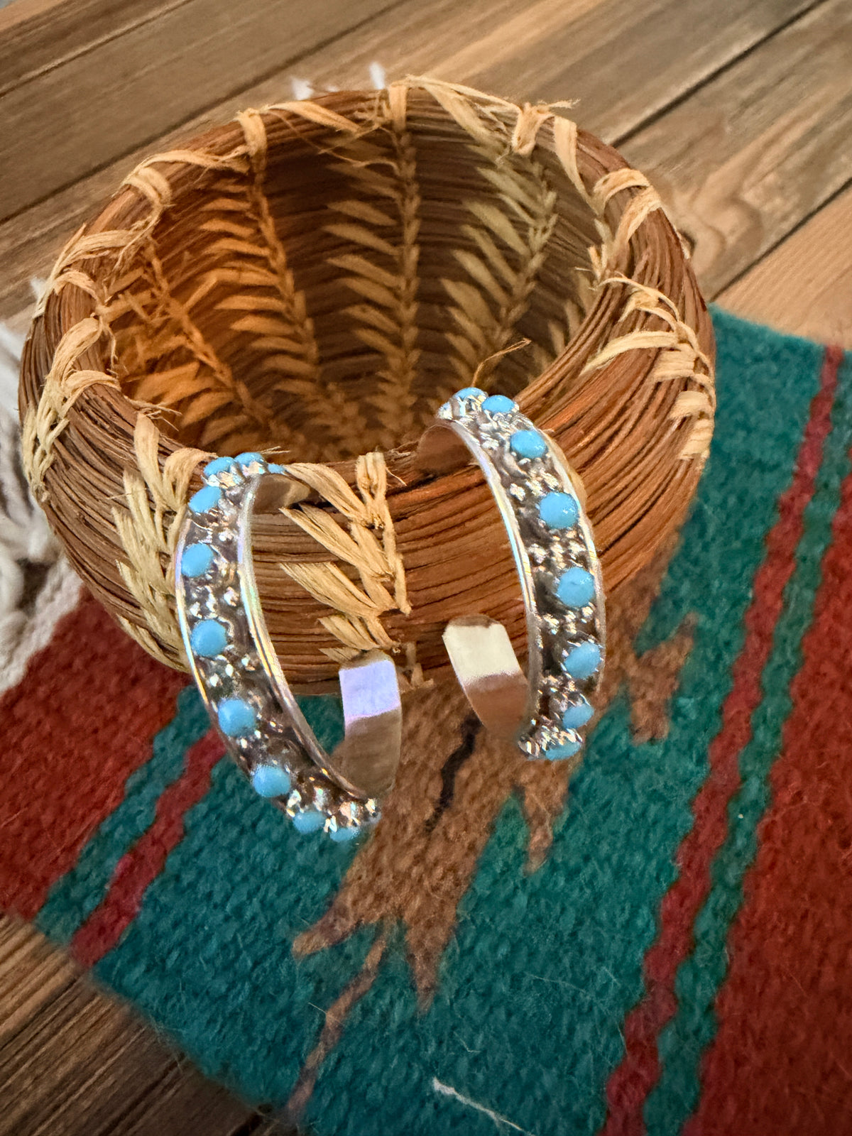 Handcrafted Sterling Silver & Turquoise Petit Point Hoop Earrings