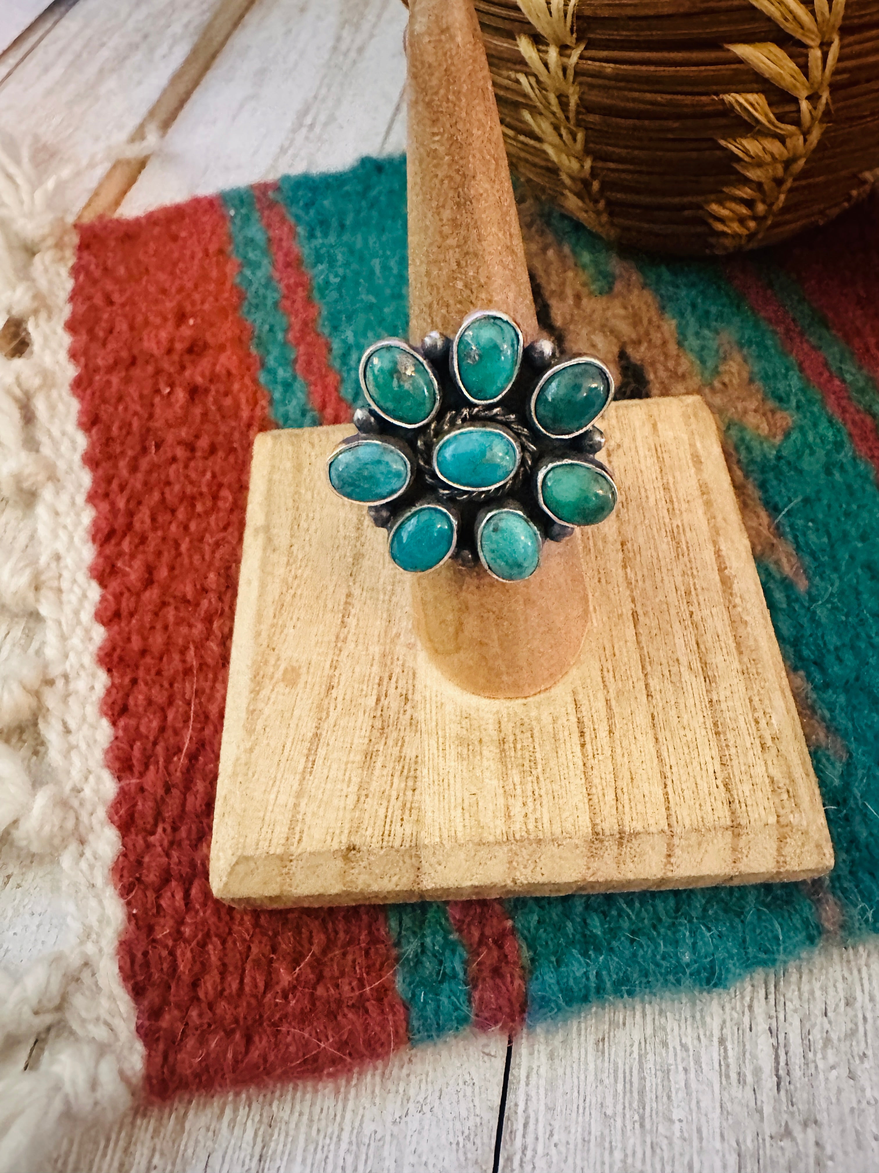 Navajo Sterling Silver & Turquoise Cluster Adjustable Ring