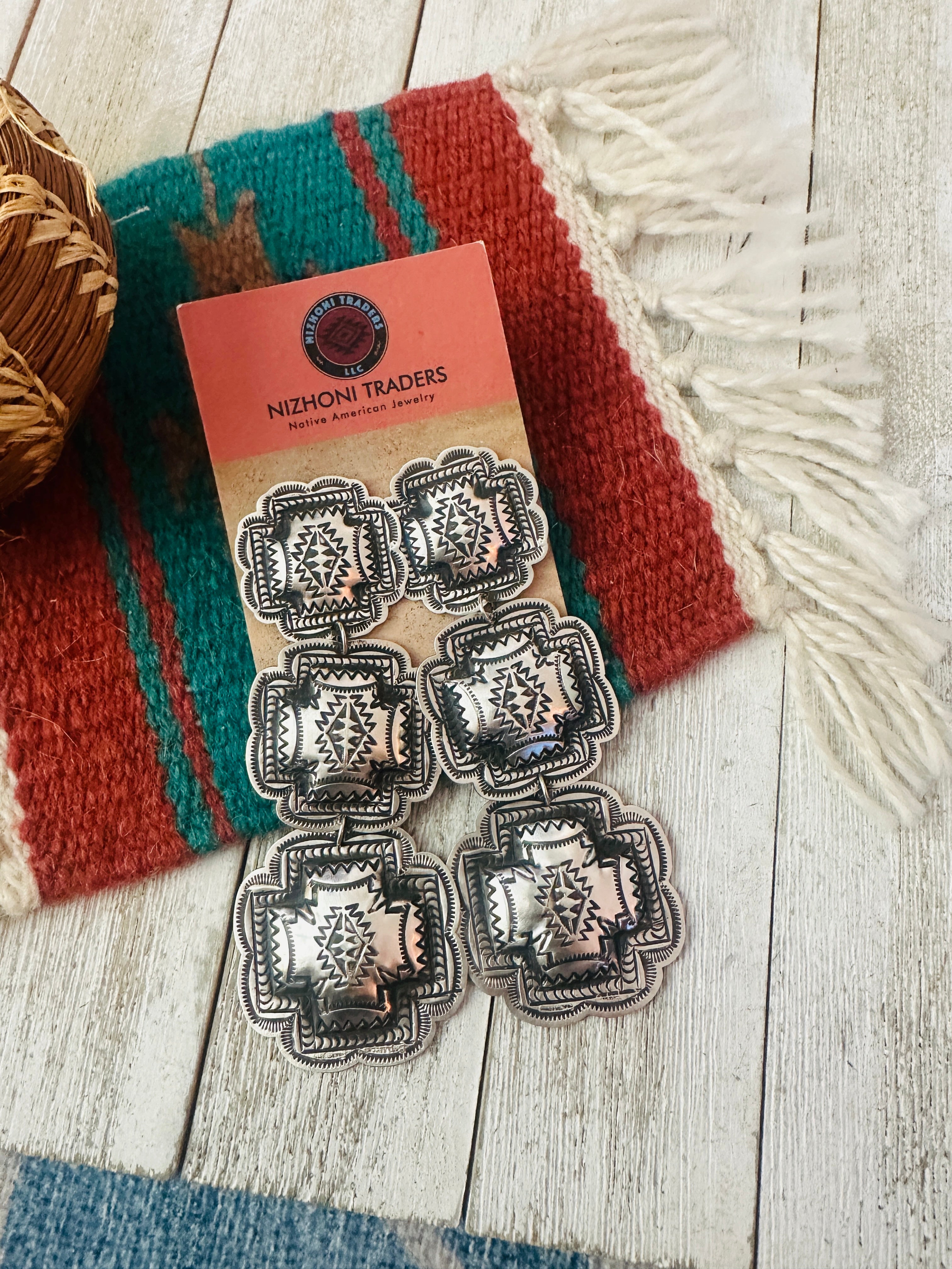 Handcrafted Sterling Silver Concho Dangle Earrings by Leander Tahe