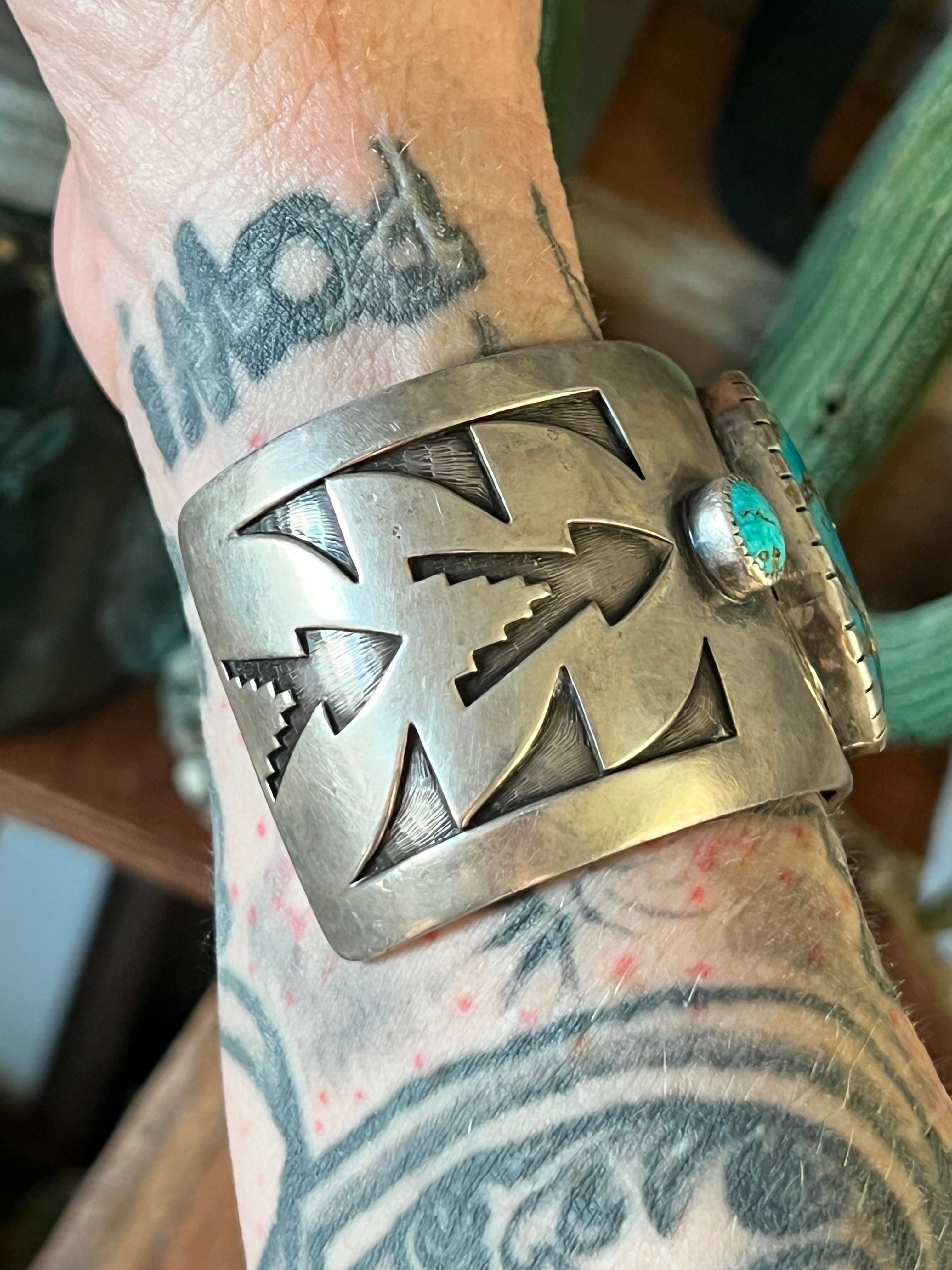 Vintage Old Pawn Sterling Silver and Morenci Turquoise Overlay Cuff Bracelet, Unsigned