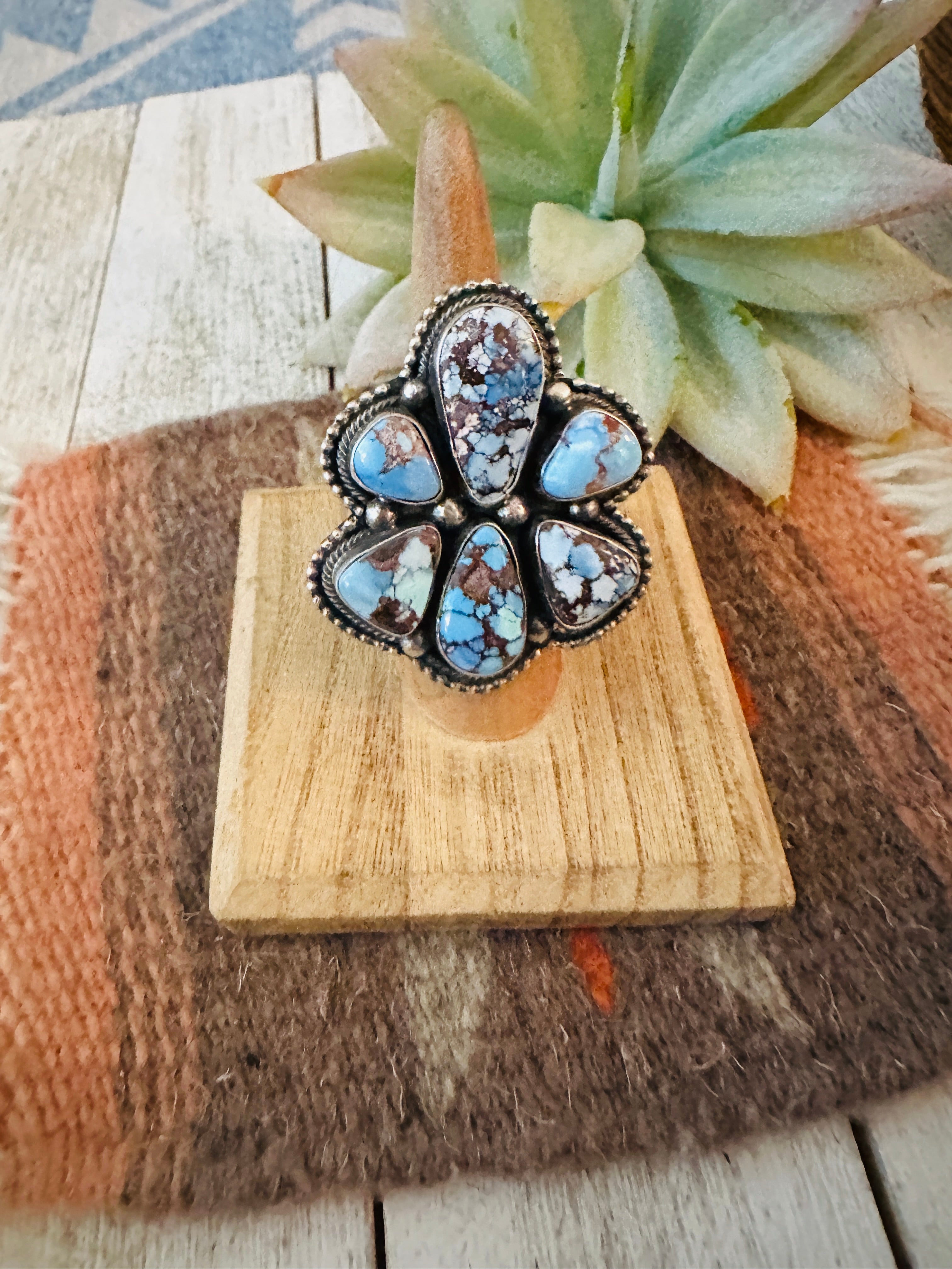 Navajo Golden Hills Turquoise & Sterling Silver Cluster Ring Size 6.5