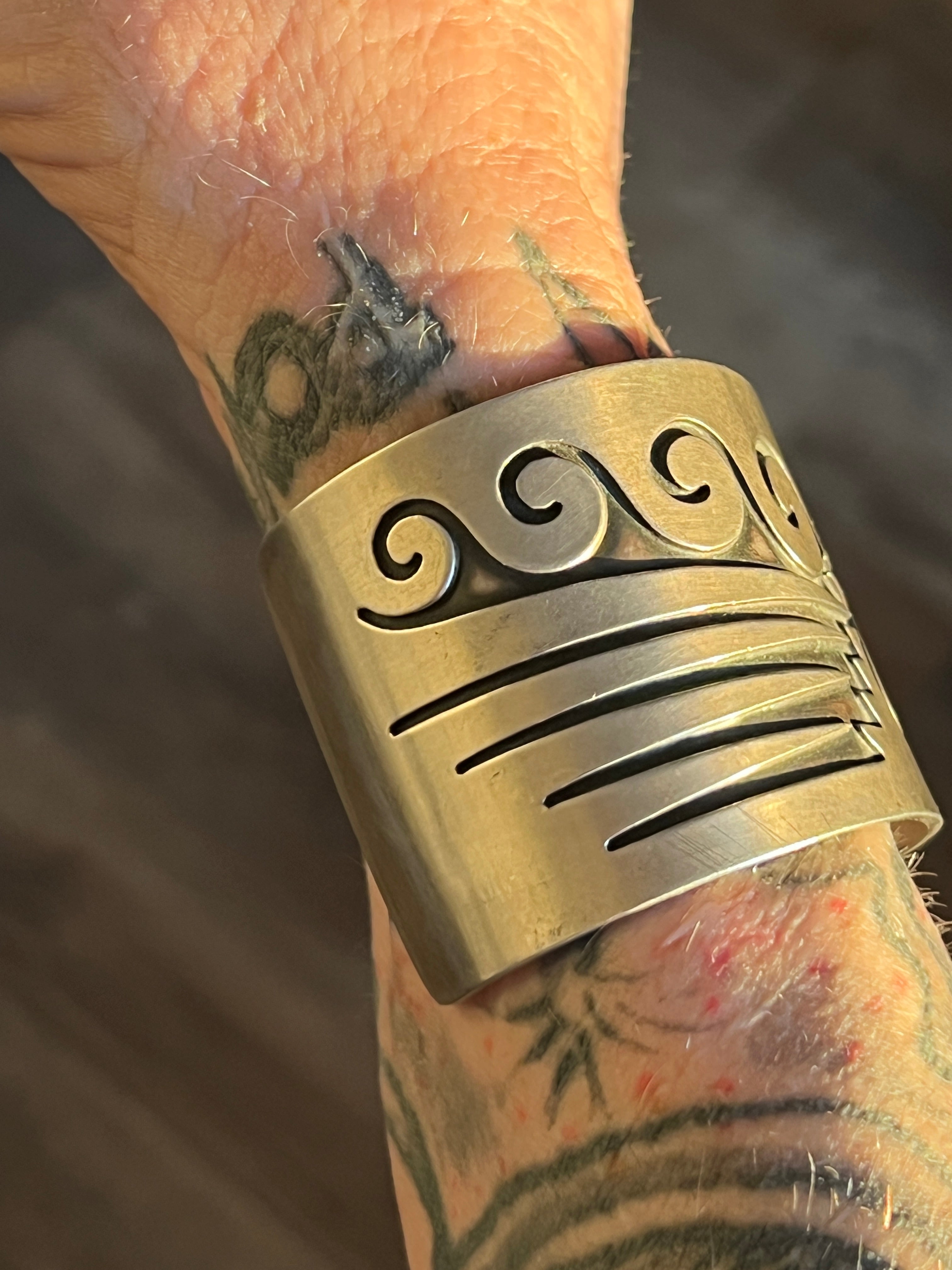 Handcrafted Old Pawn Sterling Silver Water Design Overlay Cuff, Unsigned