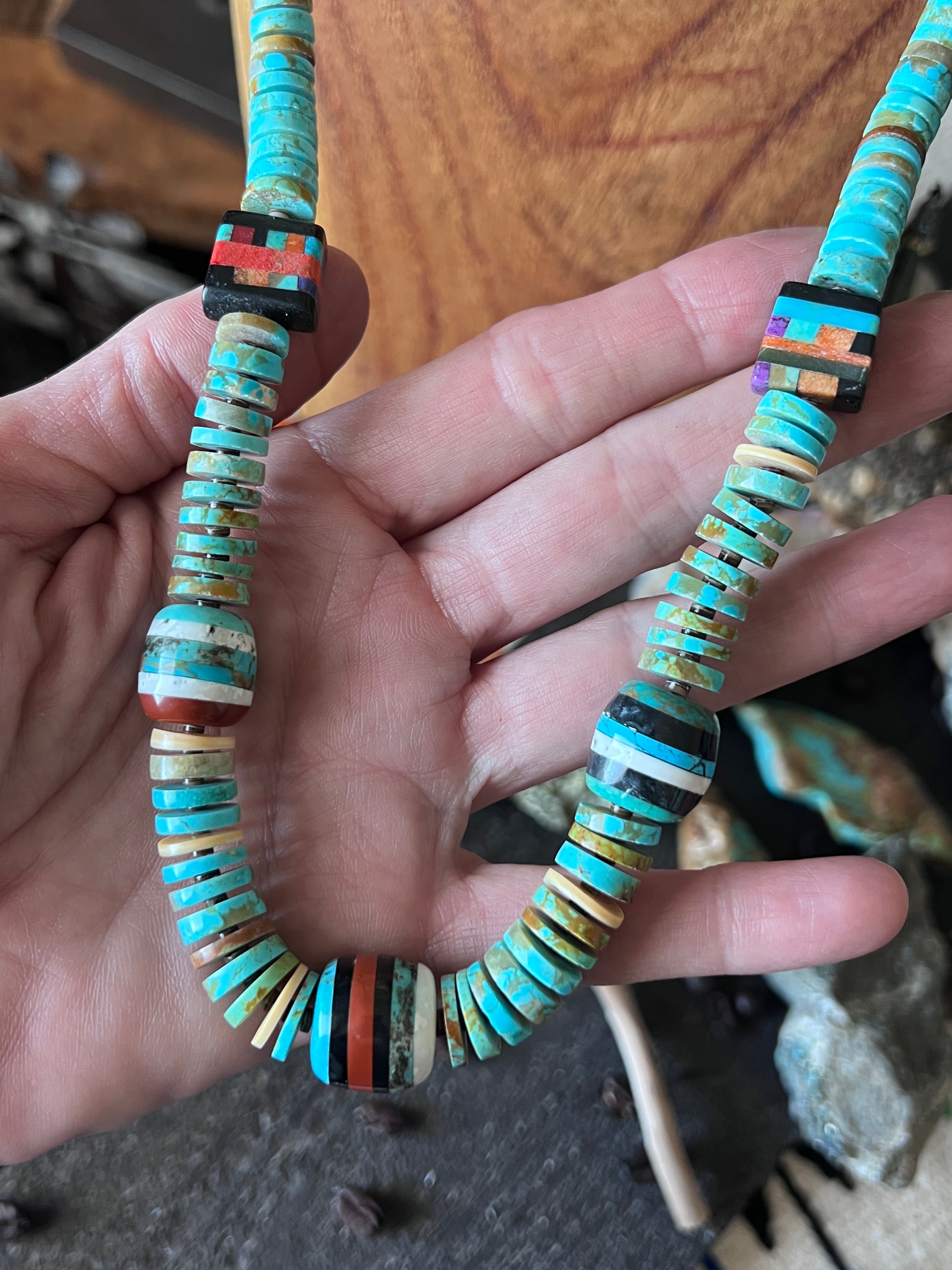 Ronald Chavez Handcrafted Turquoise Heishi Beaded Santo Domingo Necklace with Layered Bead Accents