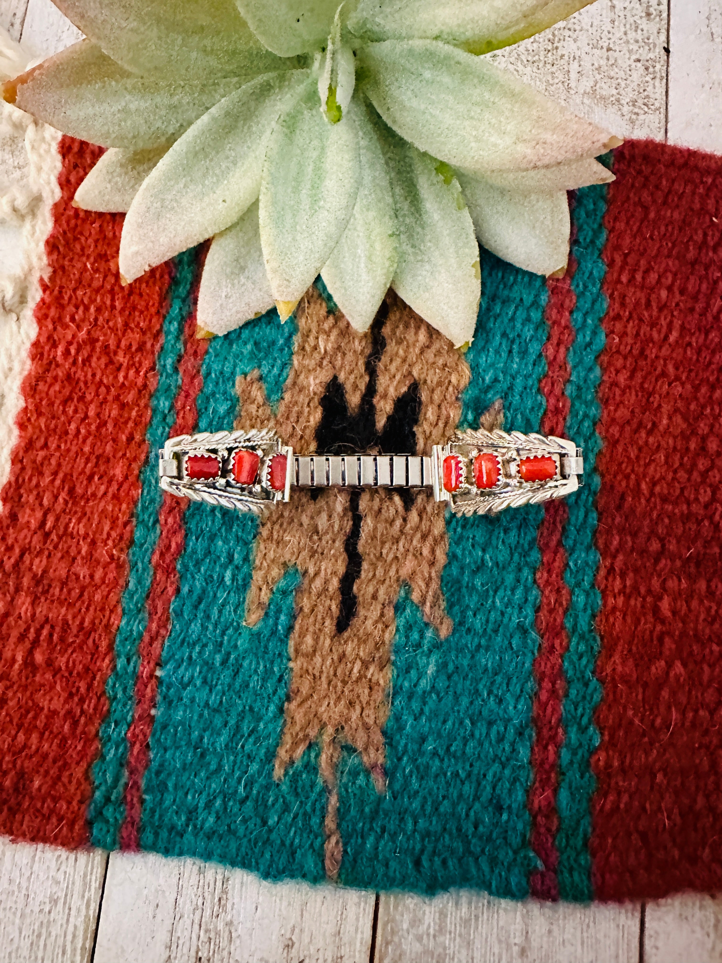 Navajo Sterling Silver & Coral Watch Band Signed