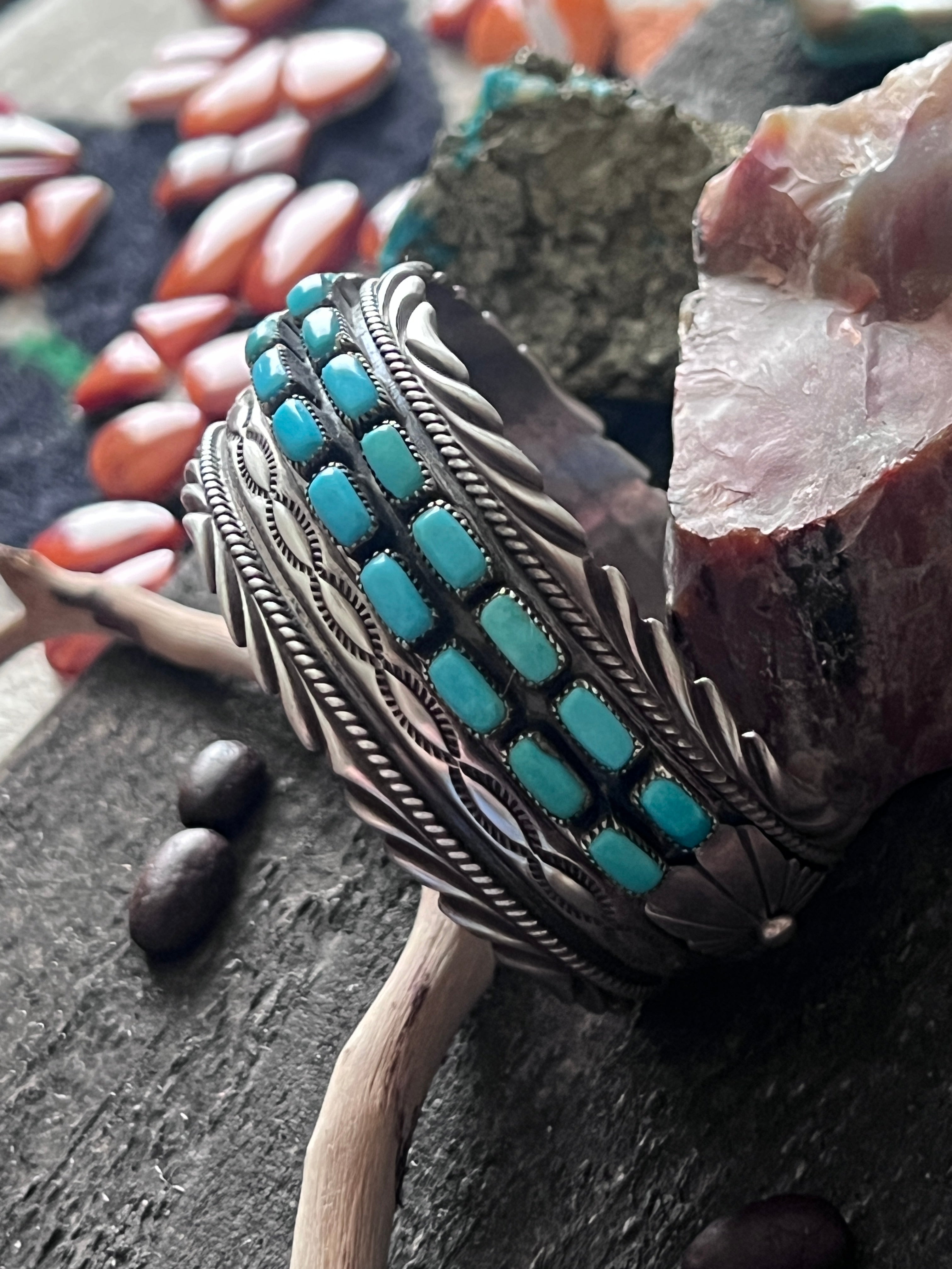 Vintage Sterling Silver and Kingman Turquoise Row Cuff by James Martin