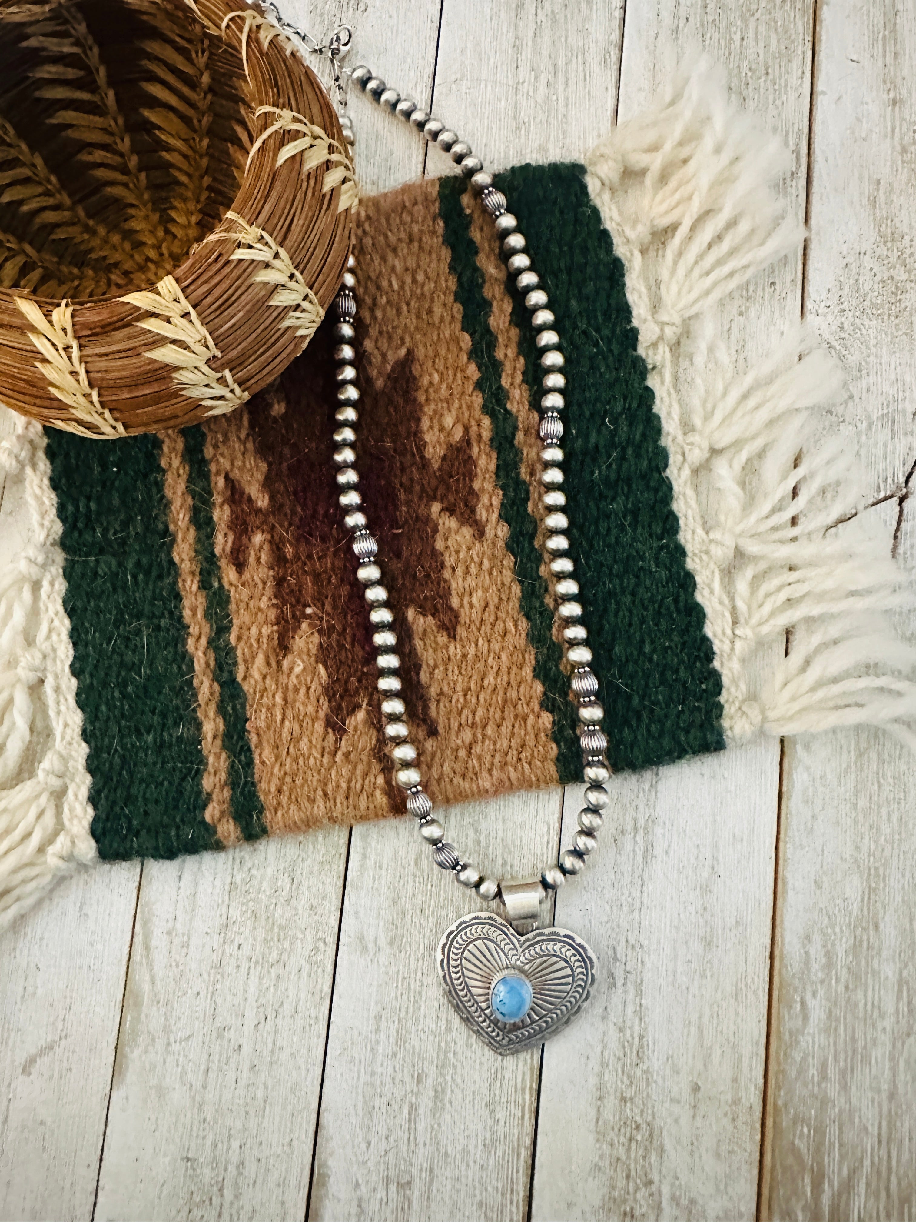 Navajo Golden Hills Turquoise & Sterling Silver Beaded Heart Necklace