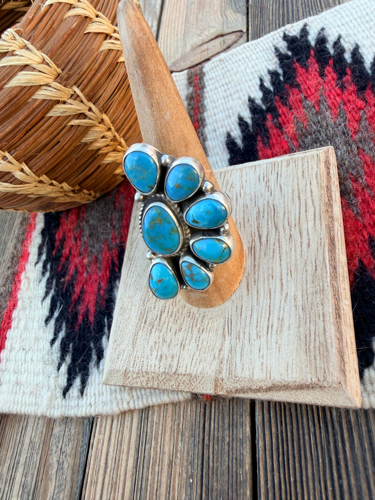 Handcrafted Turquoise & Sterling Silver Cluster Adjustable Ring by Geraldine James