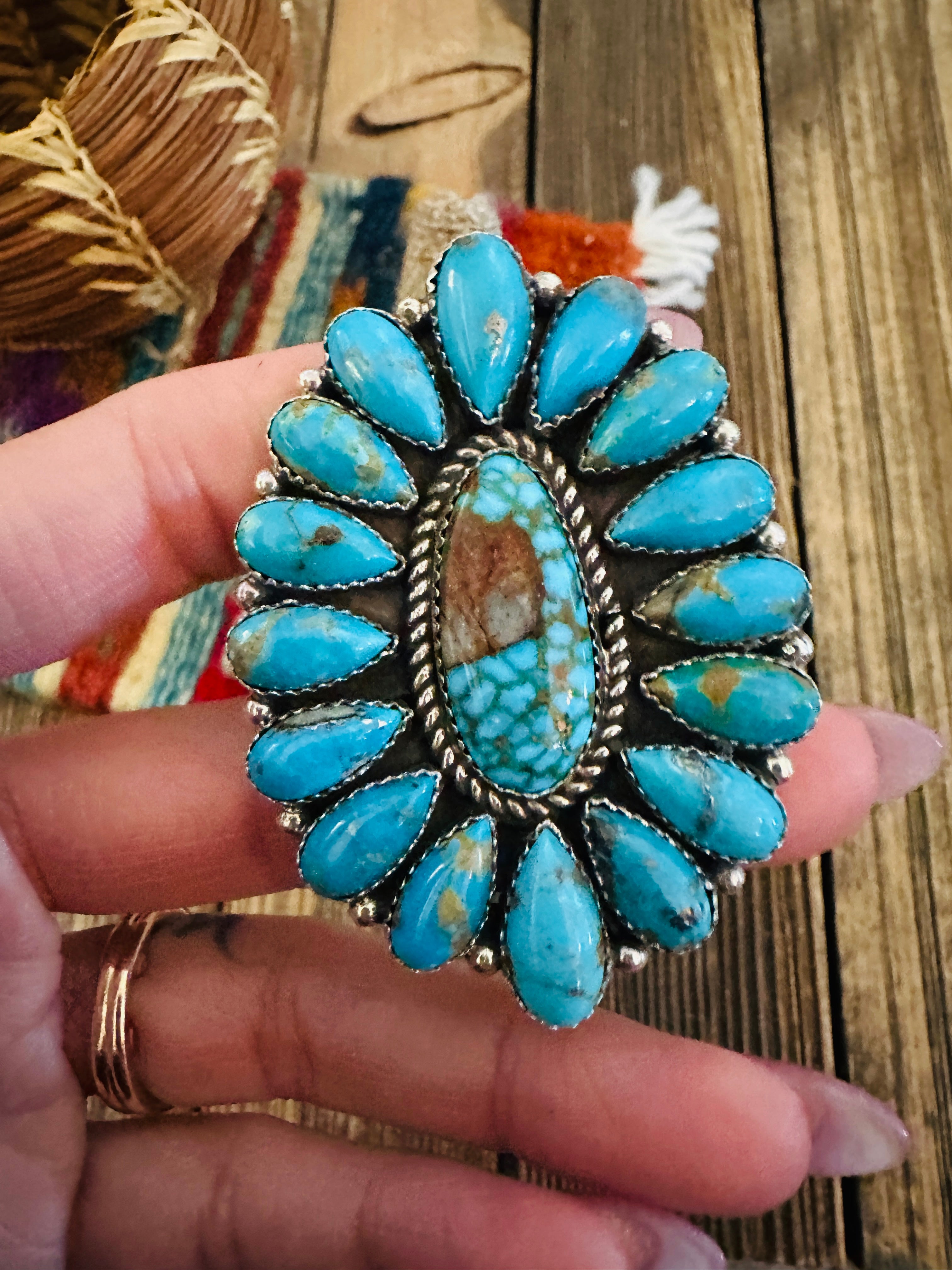 Handcrafted Turquoise & Sterling Silver Adjustable Cluster Ring