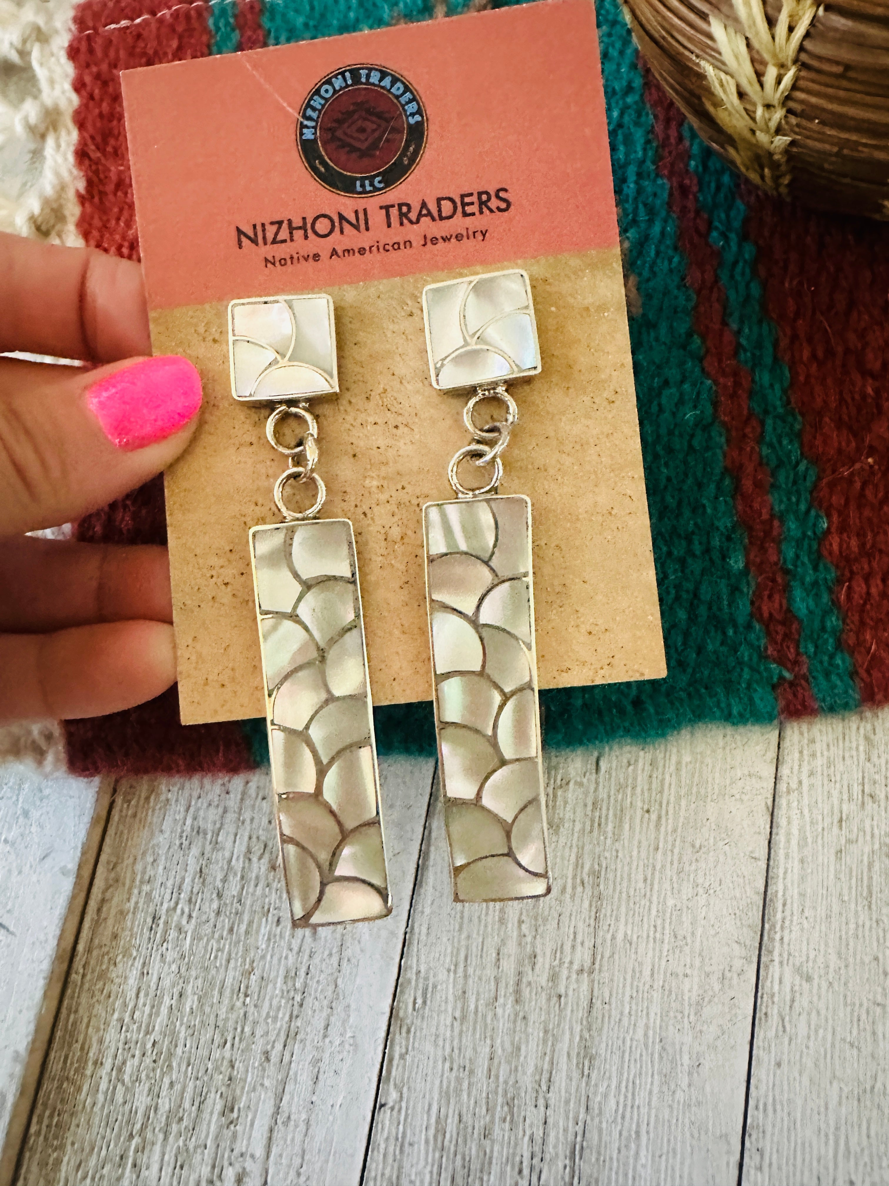 Zuni Sterling Silver & Mother of Pearl Inlay Dangle Earrings