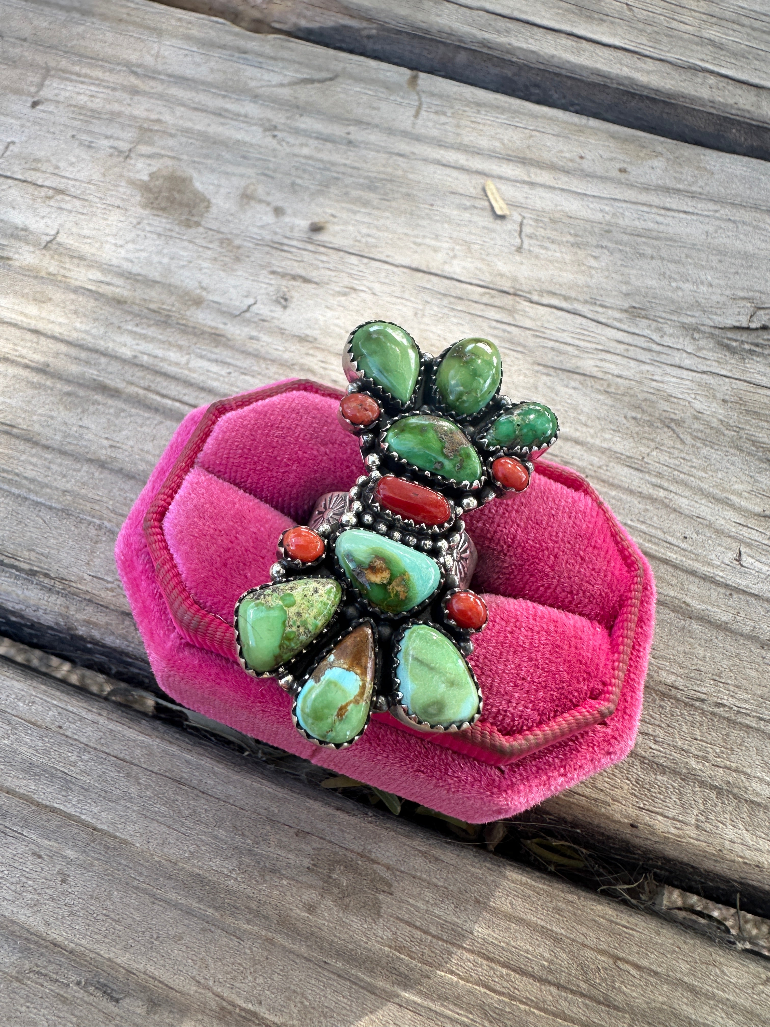 Beautiful Handmade Coral, Sonoran Turquoise And Sterling Silver Adjustable Ring 1