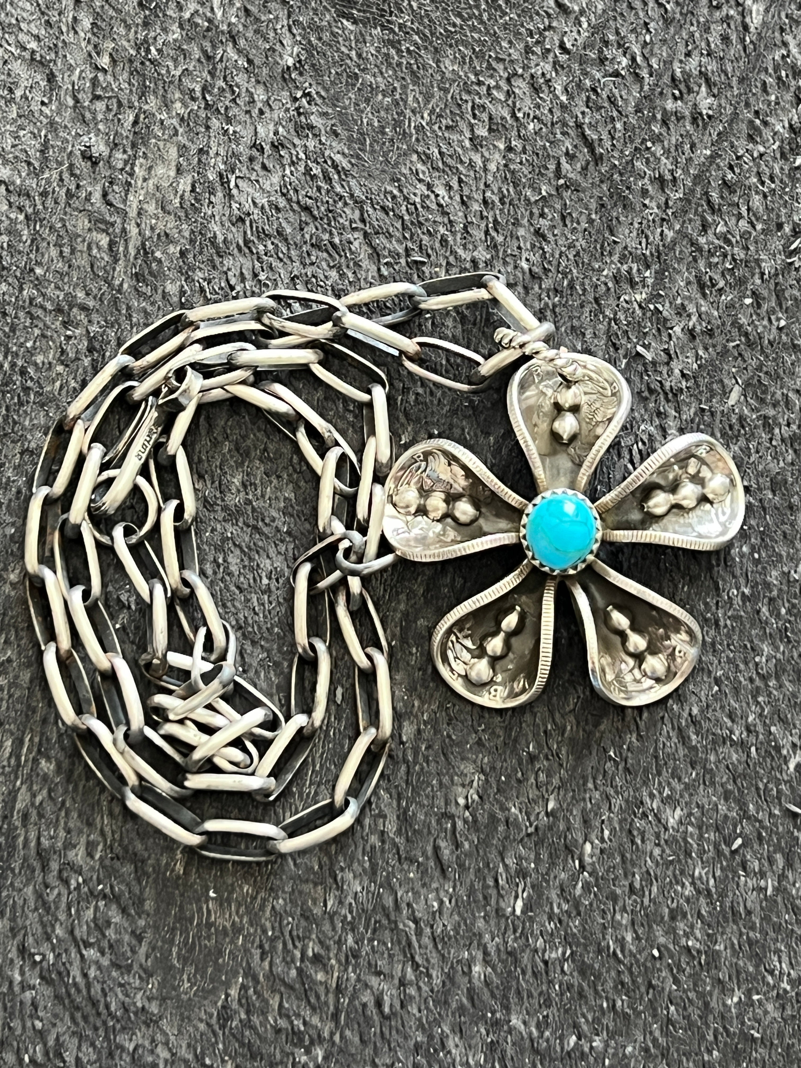 Handcrafted Sterling and Coin Silver Mercury Dime Flower Pendant with Turquoise on Handmade Chain by James Begay