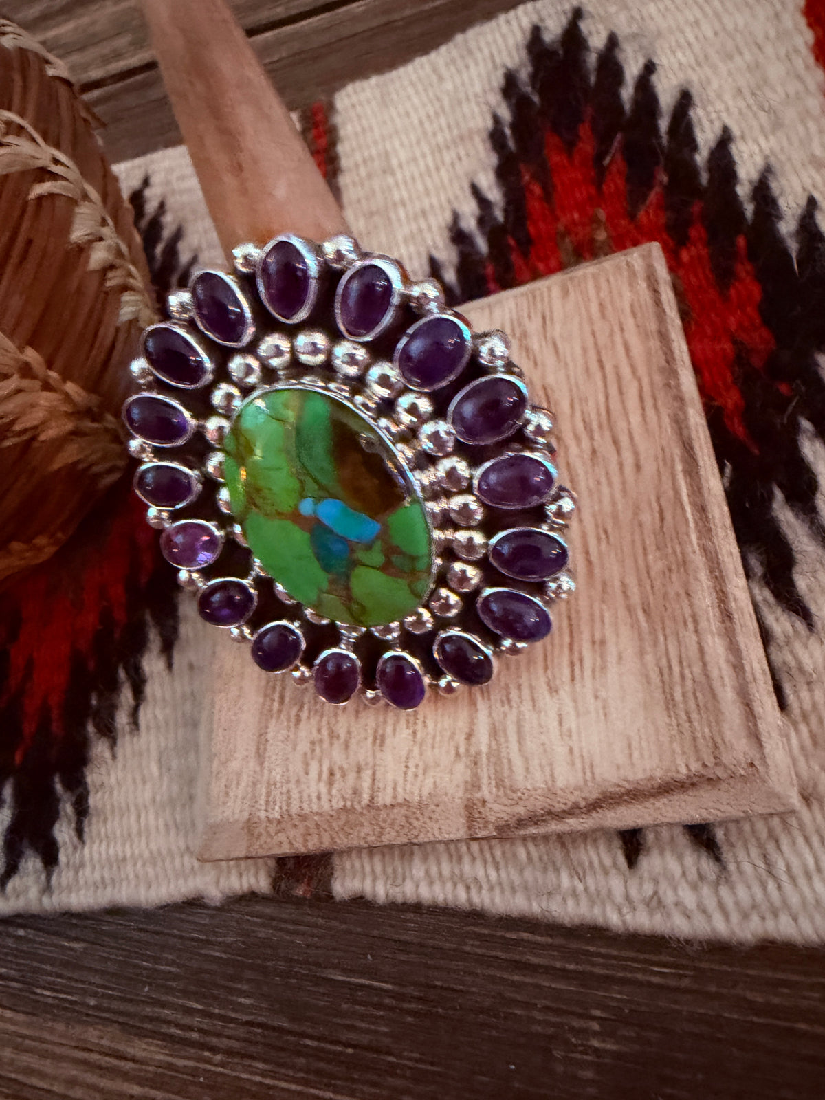 Handcrafted Mojave Turquoise, Amethyst & Sterling Silver Adjustable Cluster Ring