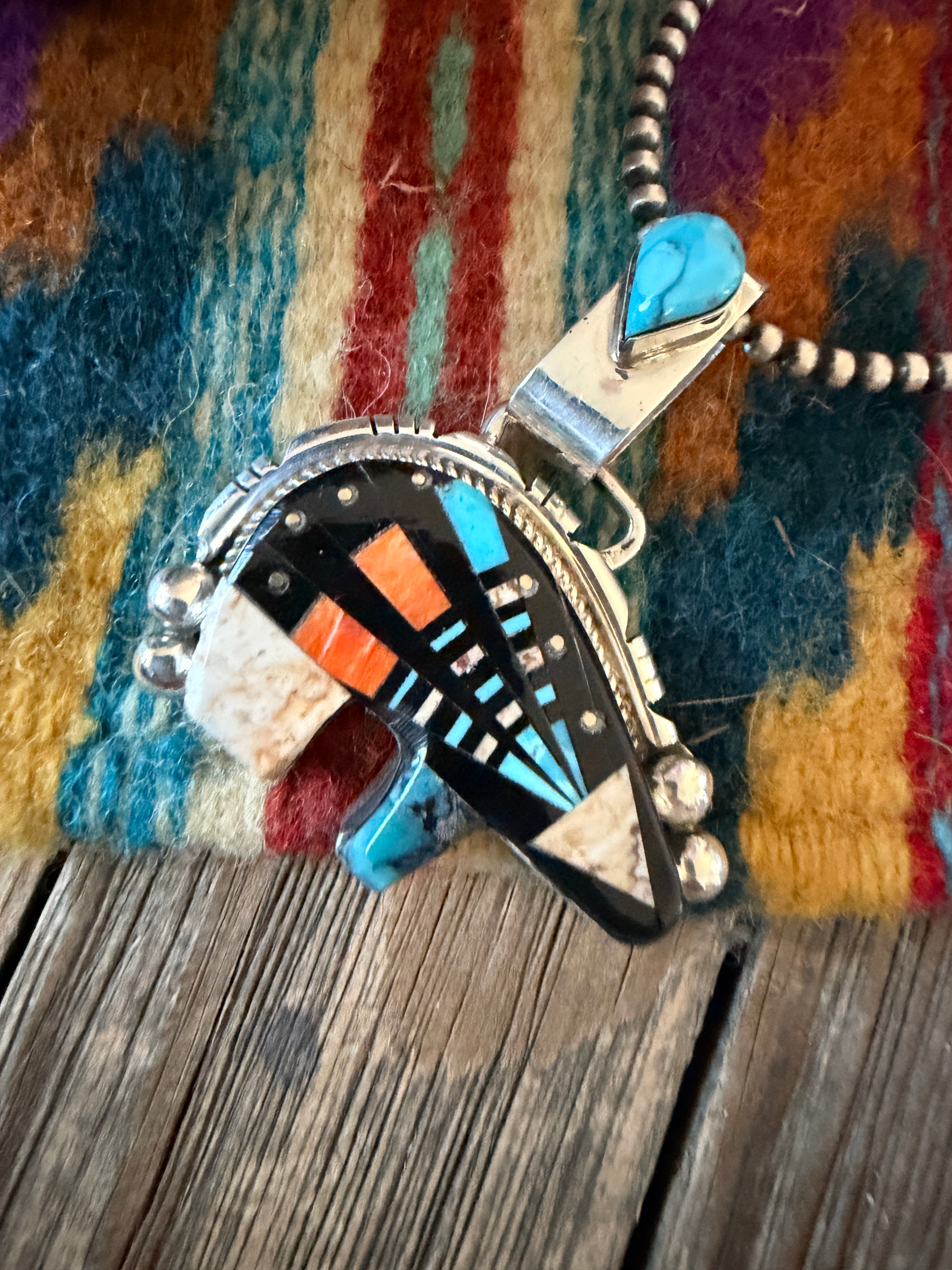 Handcrafted Sterling Silver and Multi Stone Inlay Bear Pendant by Ray Jack