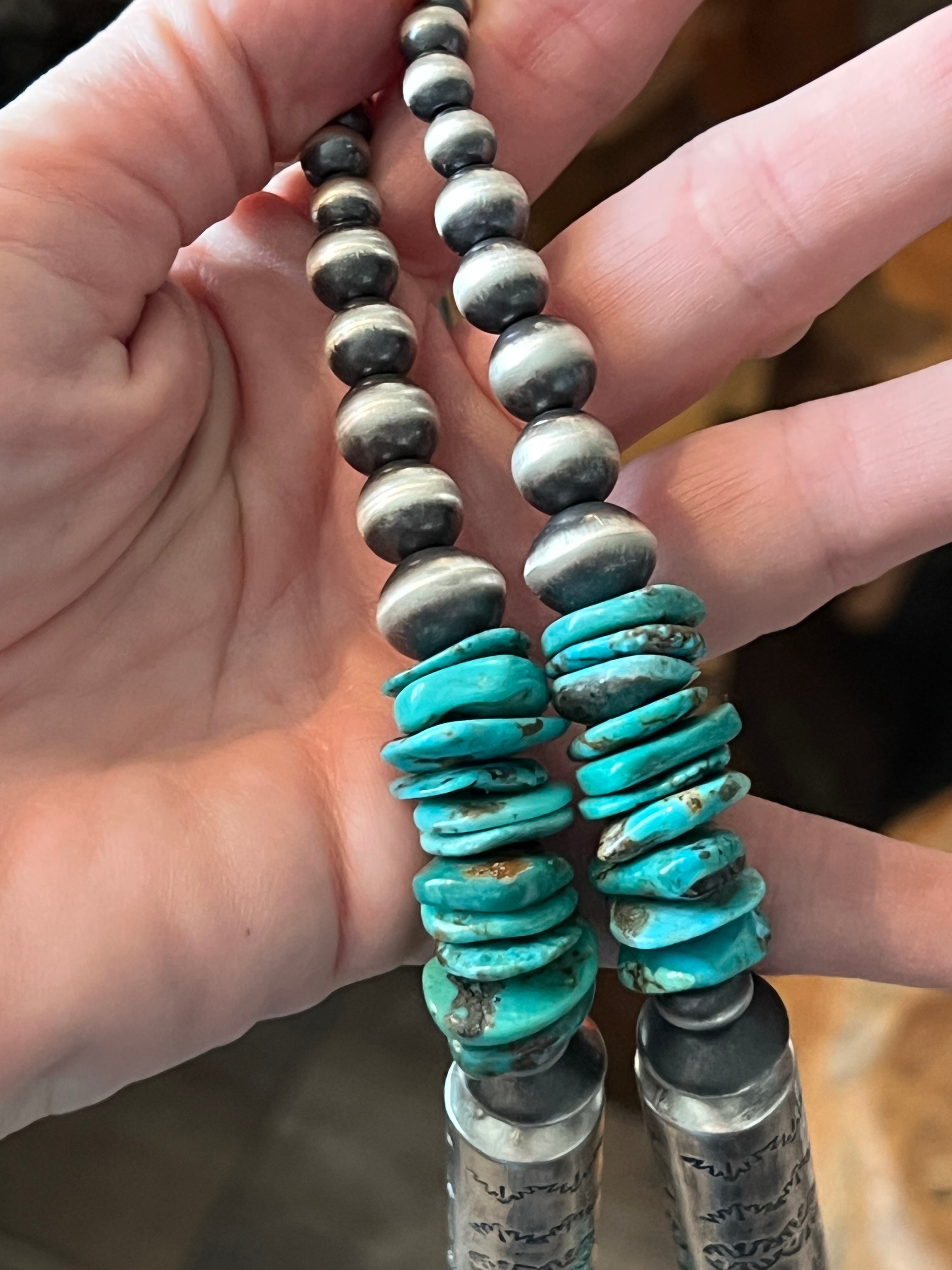 Handcrafted Sterling Silver and Kingman Turquoise Beaded Necklace by Rose Martin, 31 + 1-1/2 inches