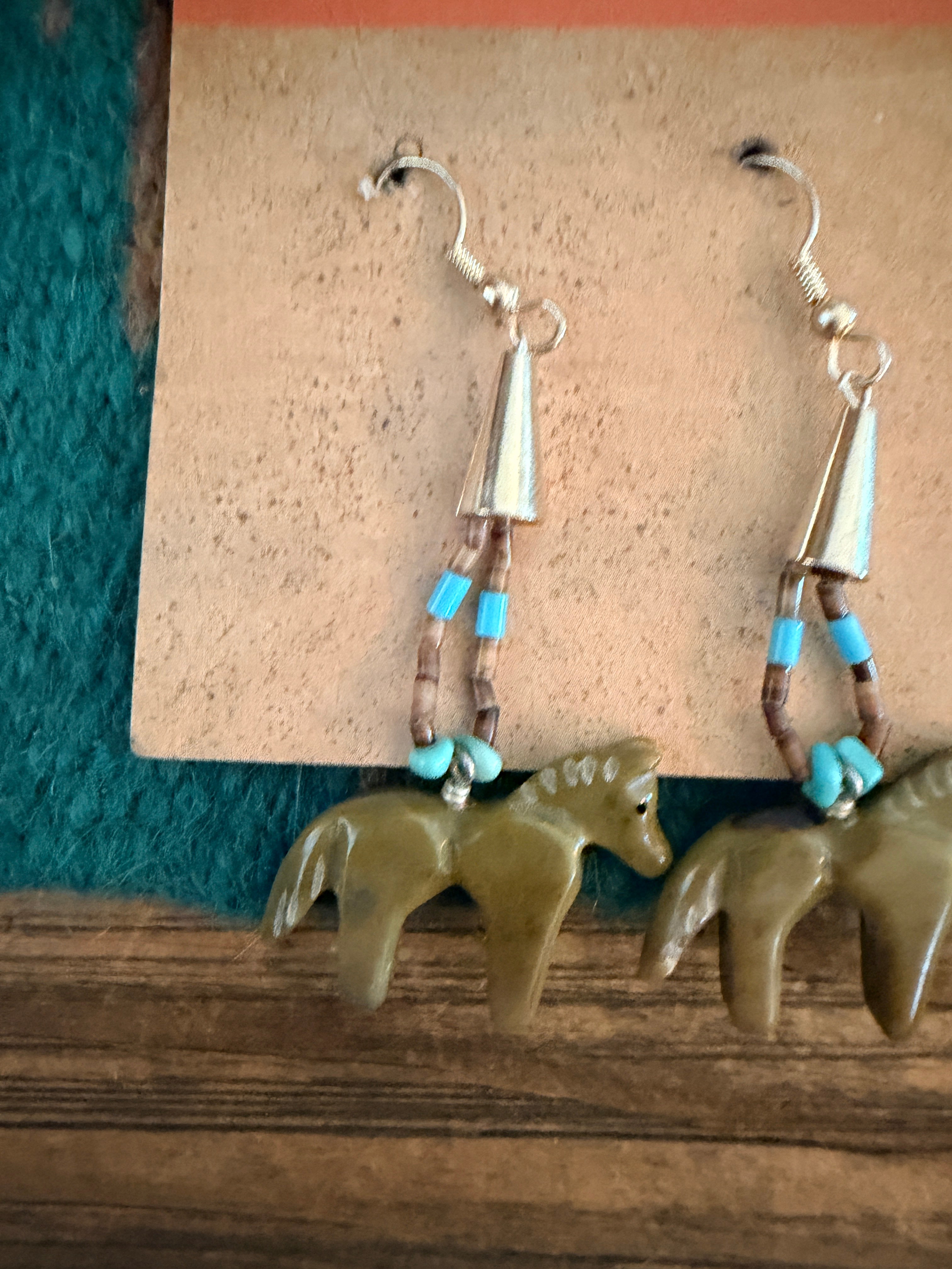 Hand Carved Jasper and Turquoise Fetish Horse Beaded Dangle Earrings