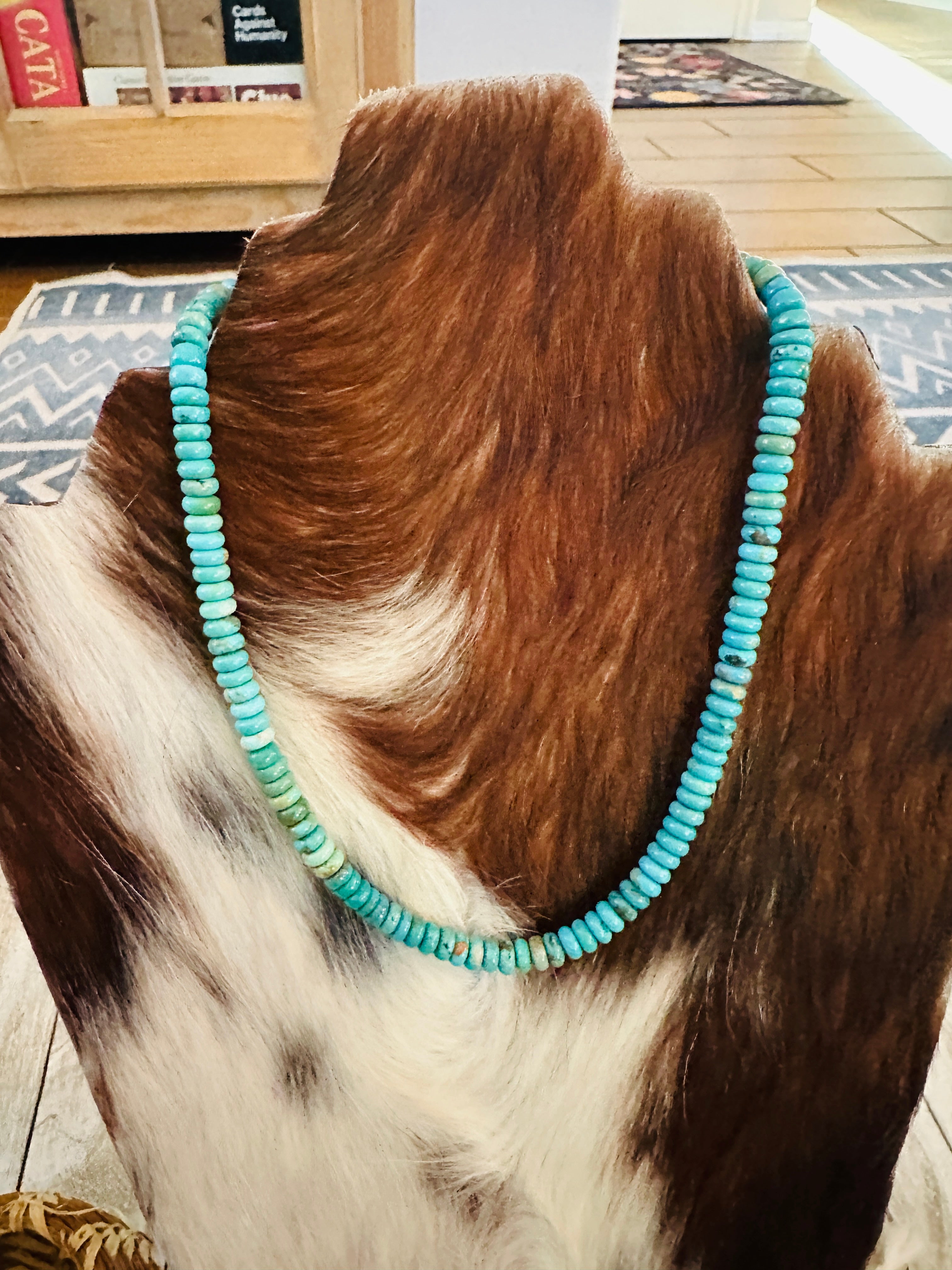 Handcrafted Turquoise & Sterling Silver Beaded Necklace 16”