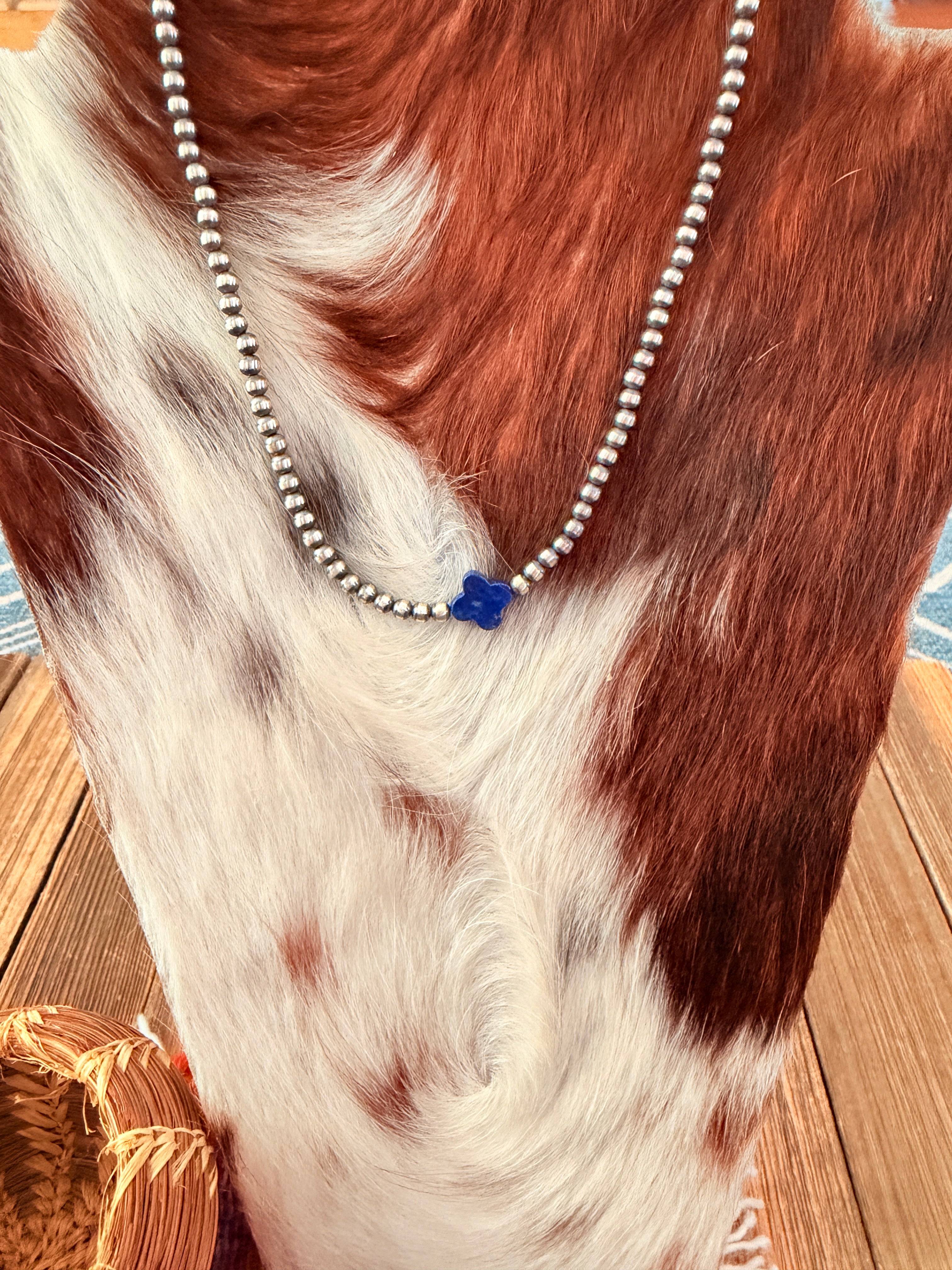 Handcrafted Lapis and Sterling Silver Pearl Quatrefoil Beaded Necklace