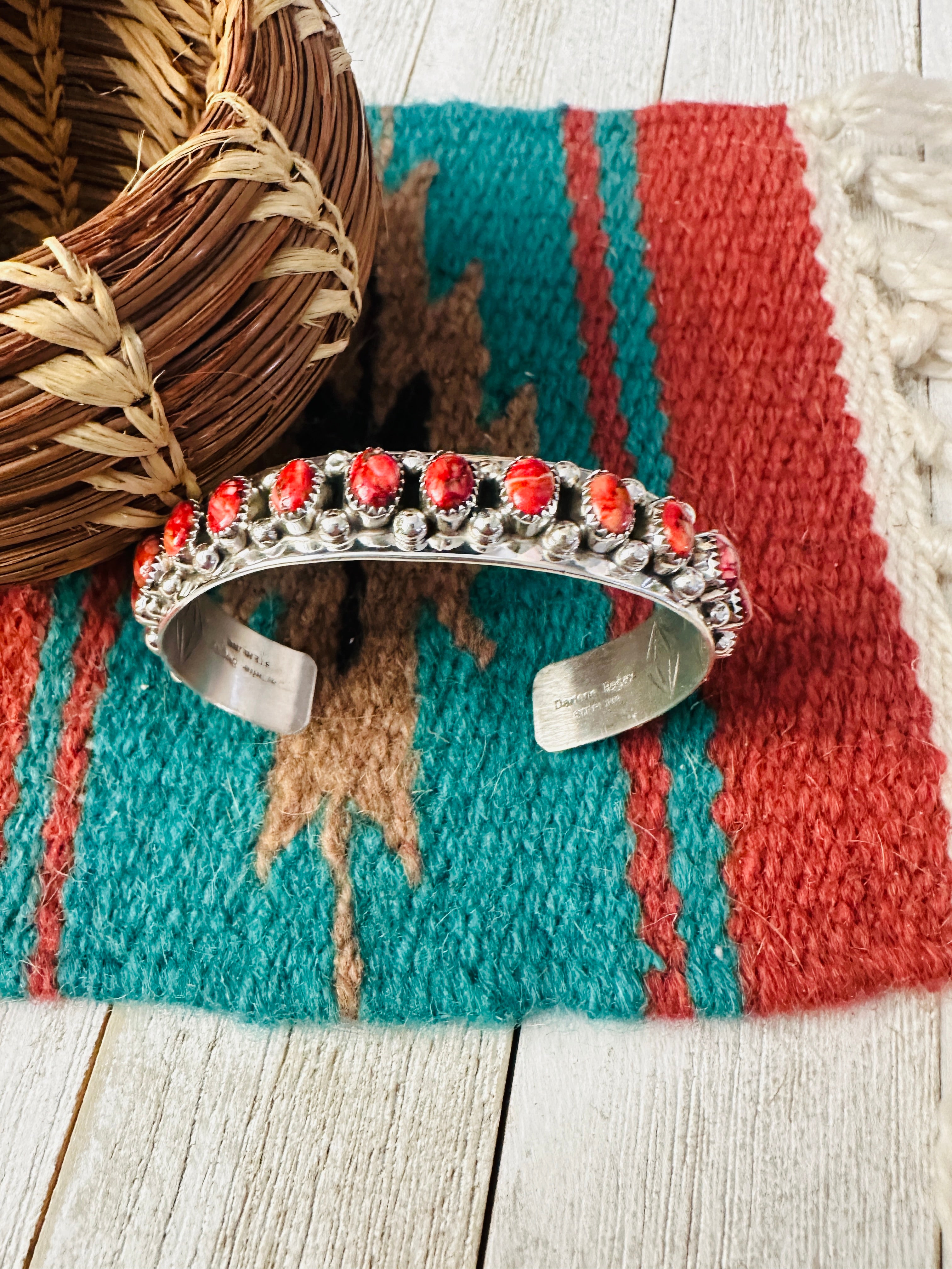 Navajo Red Spiny & Sterling Silver Cuff Bracelet by Darlene Begay