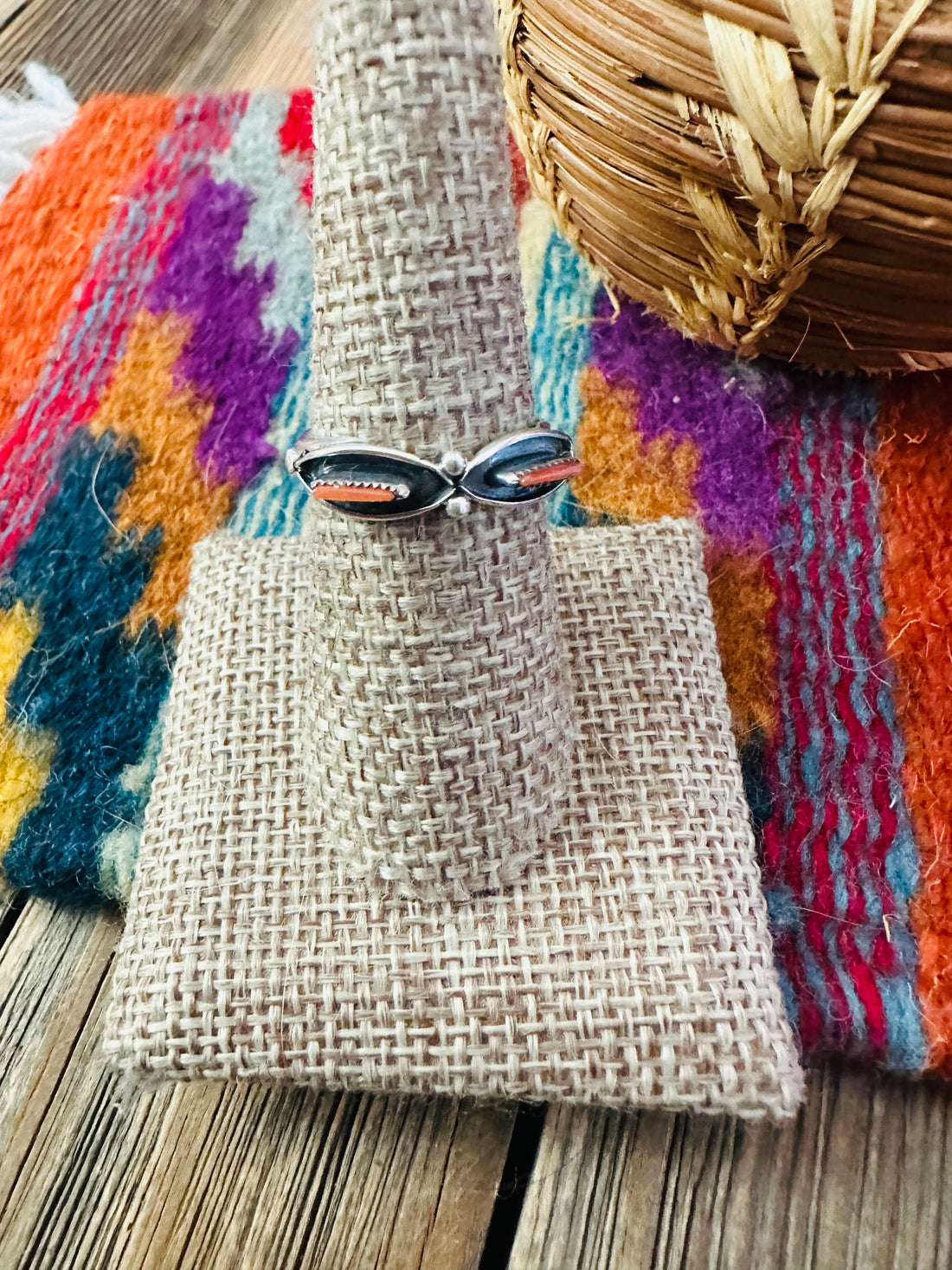 Handcrafted Coral & Sterling Silver Band Ring Size 7.5