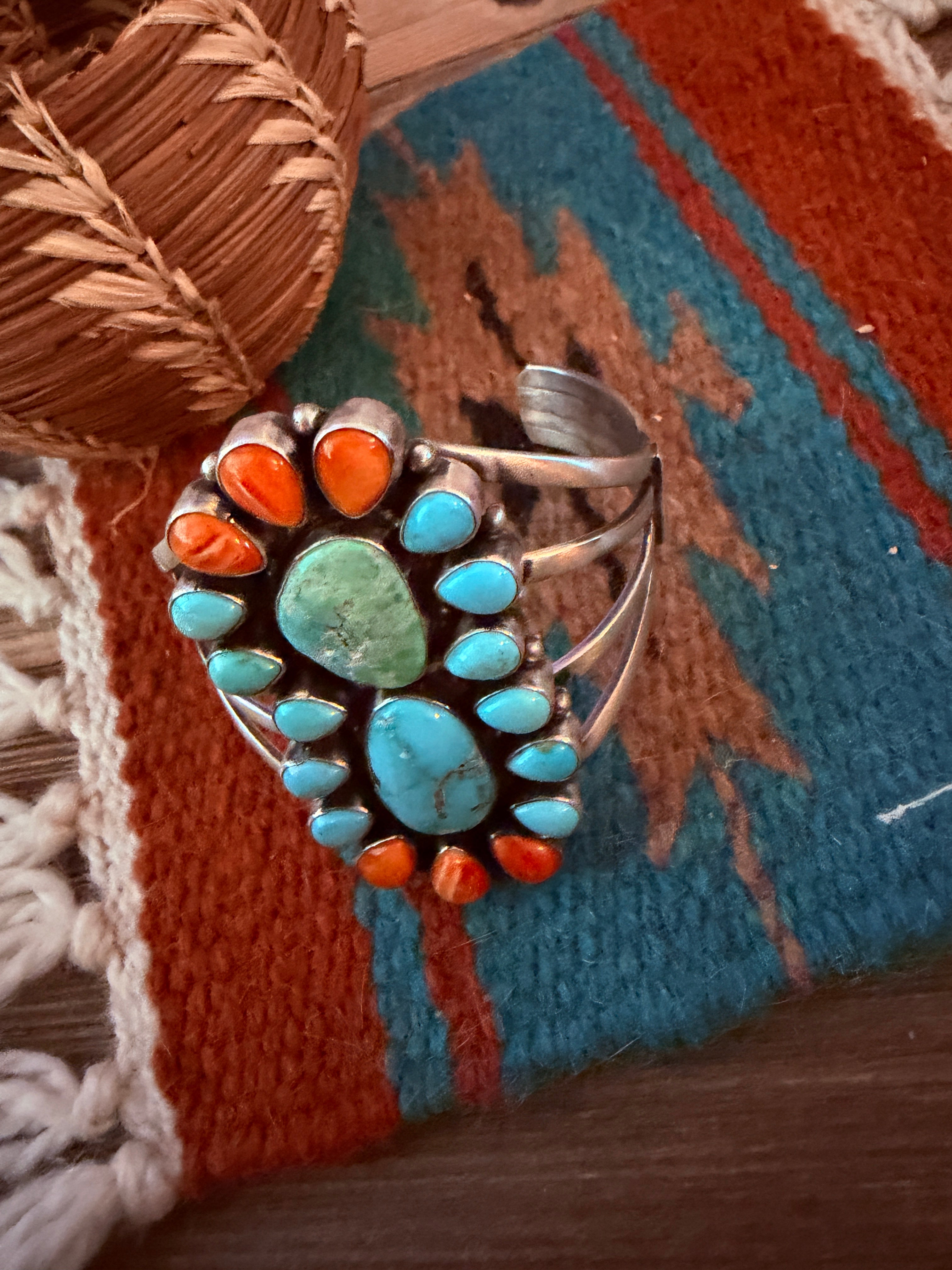 Handcrafted Turquoise, Orange Spiny & Sterling Silver Cuff Bracelet by Sheila Becenti