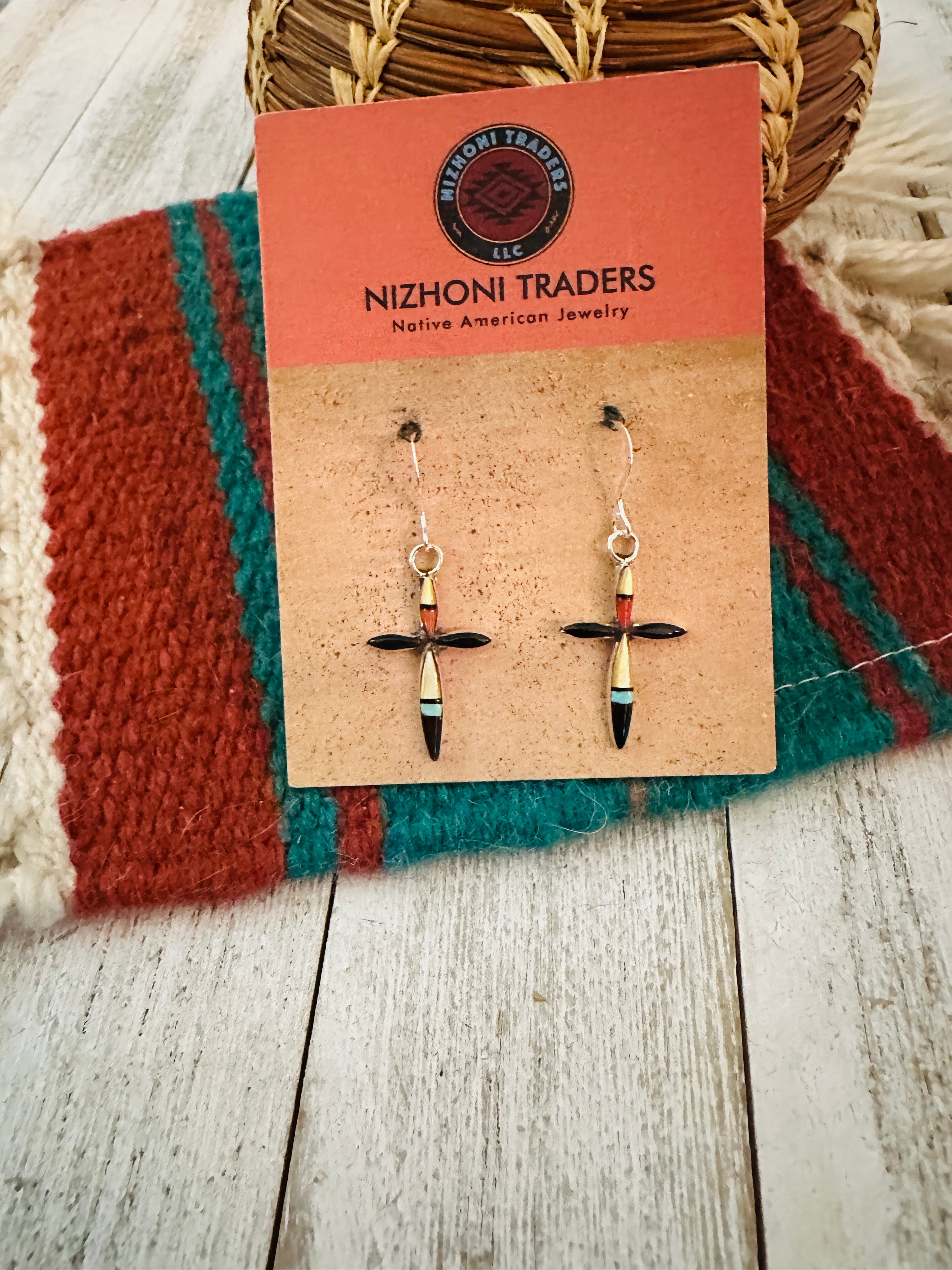 Zuni Sterling Silver & Multi Stone Inlay Cross Dangle Earrings