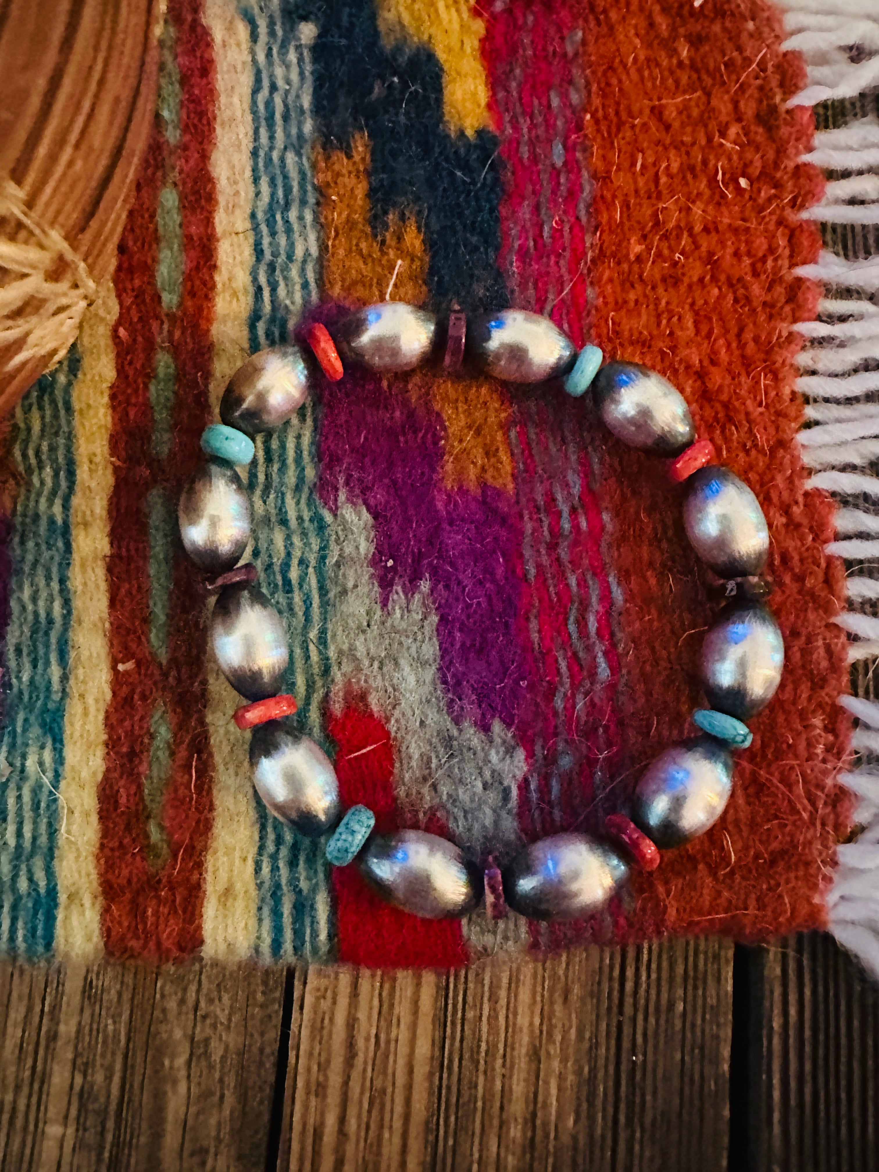 Handcrafed Turquoise, Spiny & Sterling Silver Pearl Beaded Stretch Bracelet