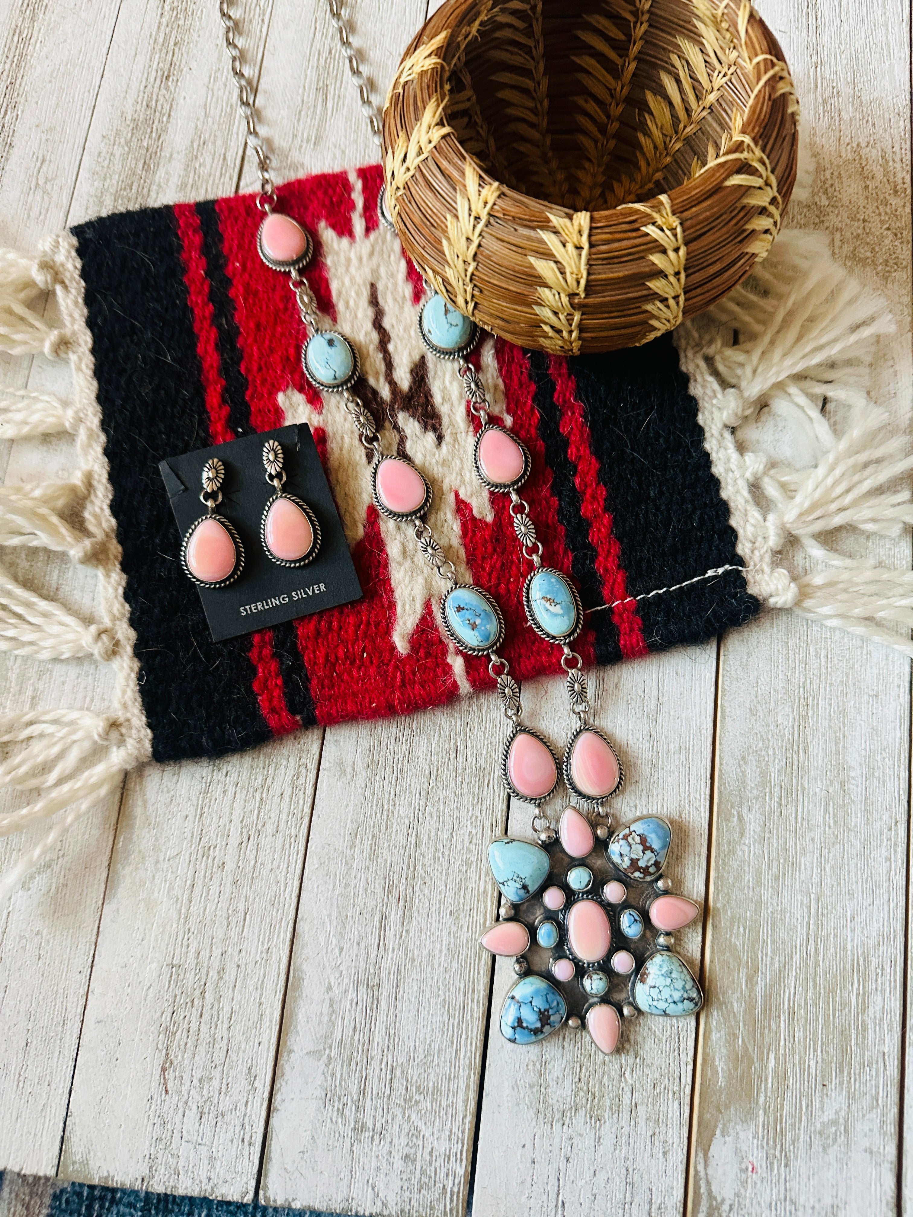 Navajo Queen Pink Conch, Turquoise & Sterling Silver Cluster Necklace Set