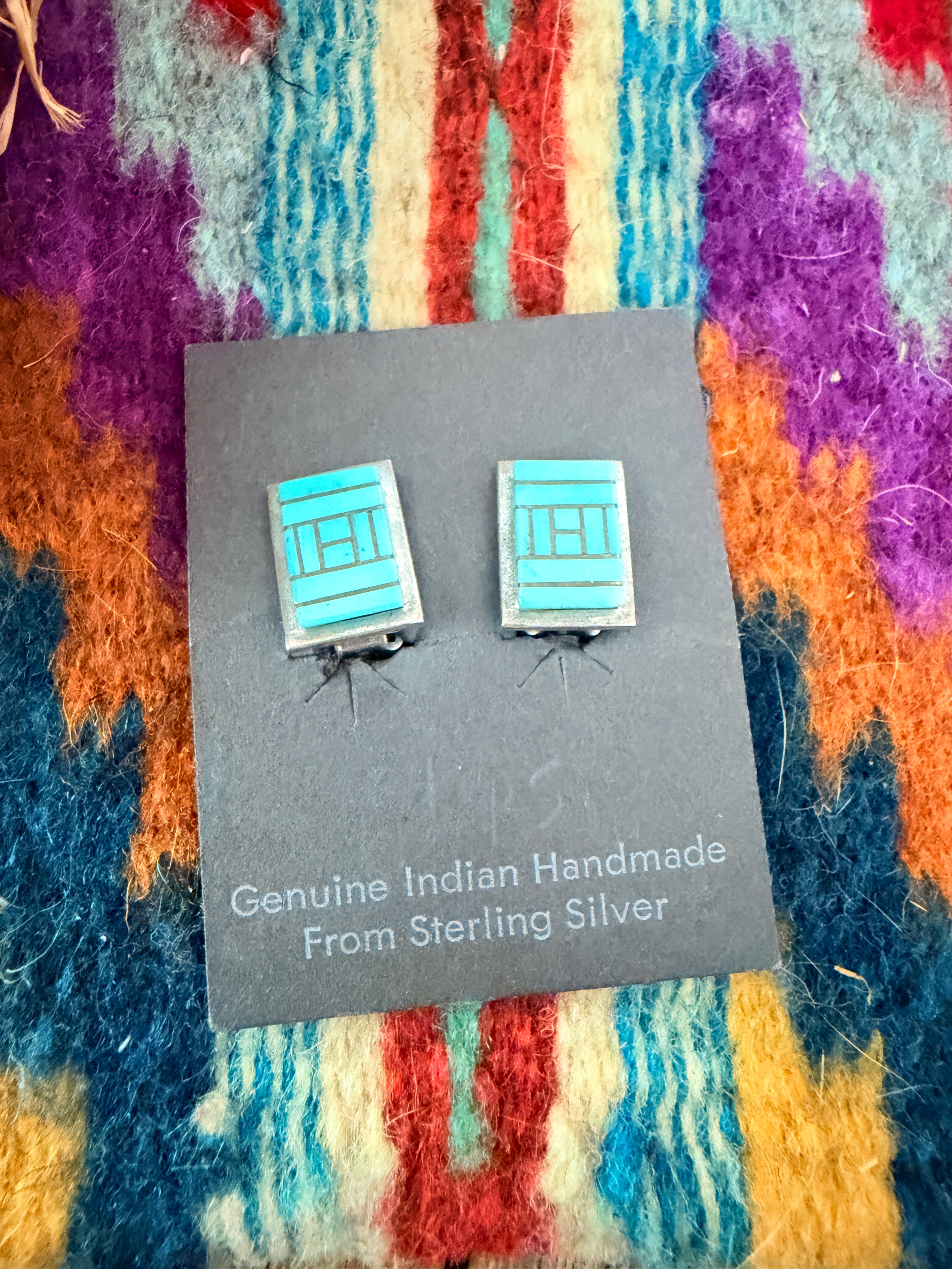 Old Pawn Handcrafted Sterling Silver & Turquoise Inlay Clip On Earrings