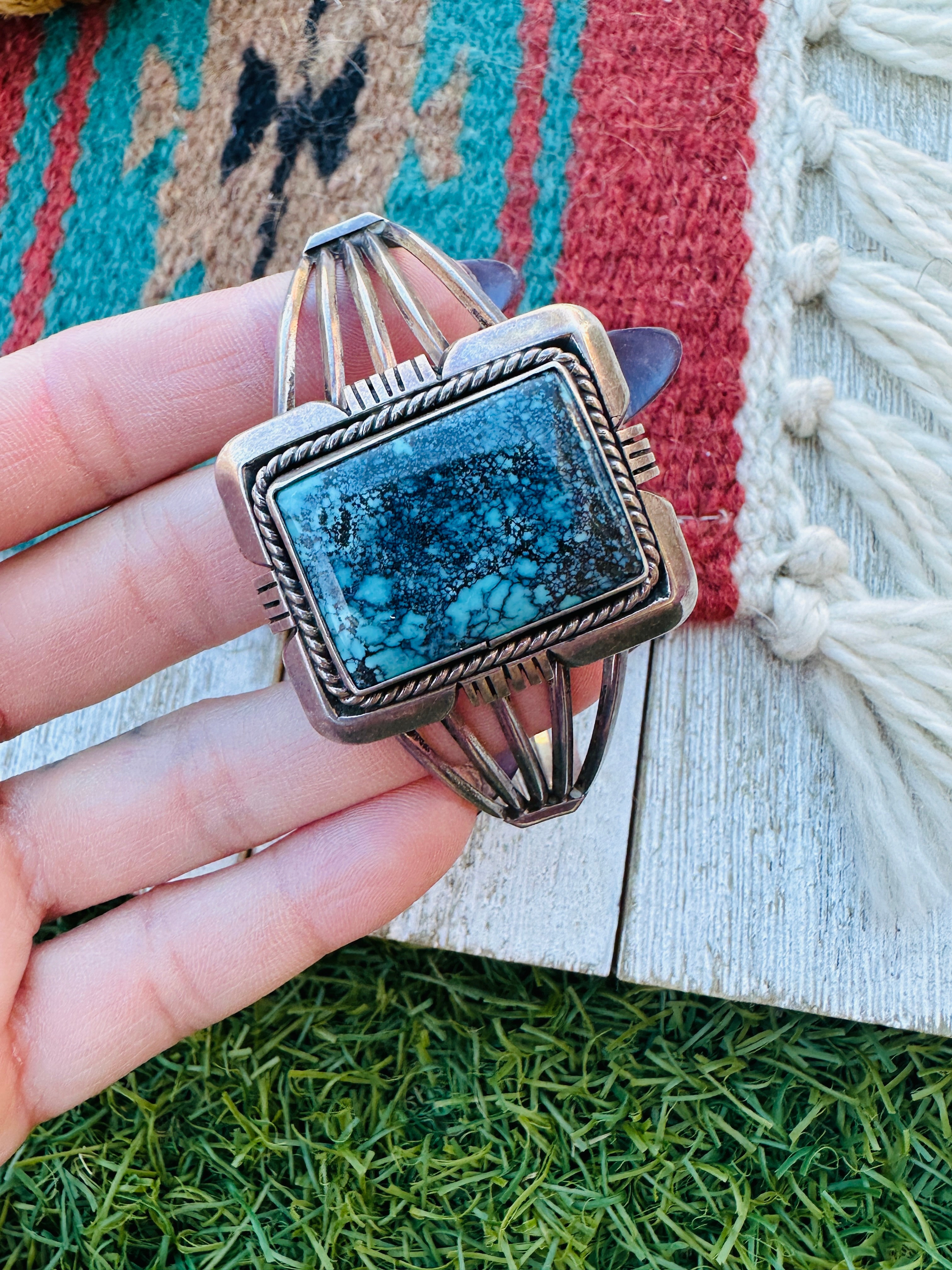 Handcrafted Old Pawn Sterling Silver & Kingman Web Turquoise Cuff Bracelet