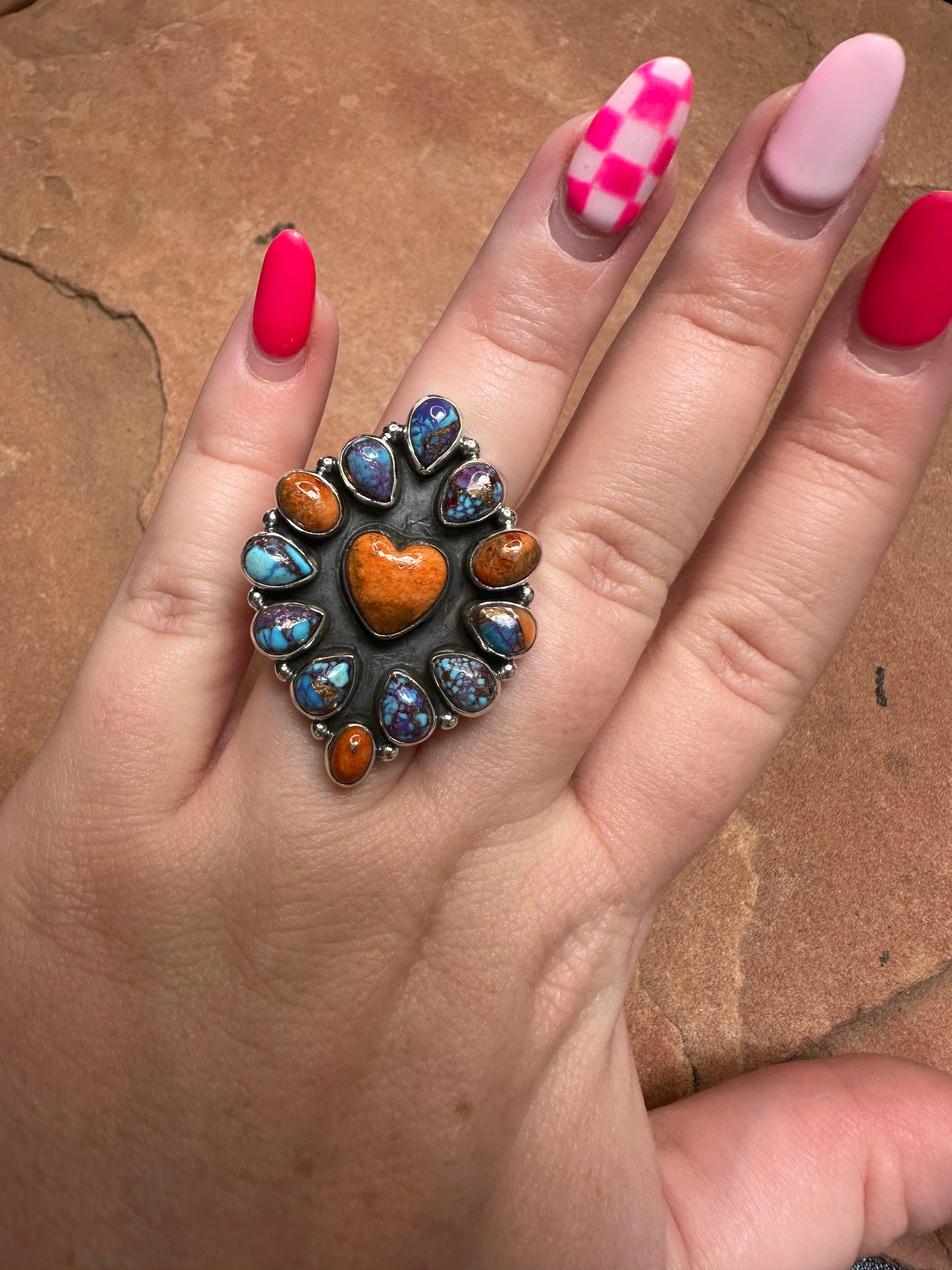 Handmade Purple Dream Mojave, Orange Mojave And Sterling Silver Adjustable Cluster Heart Ring