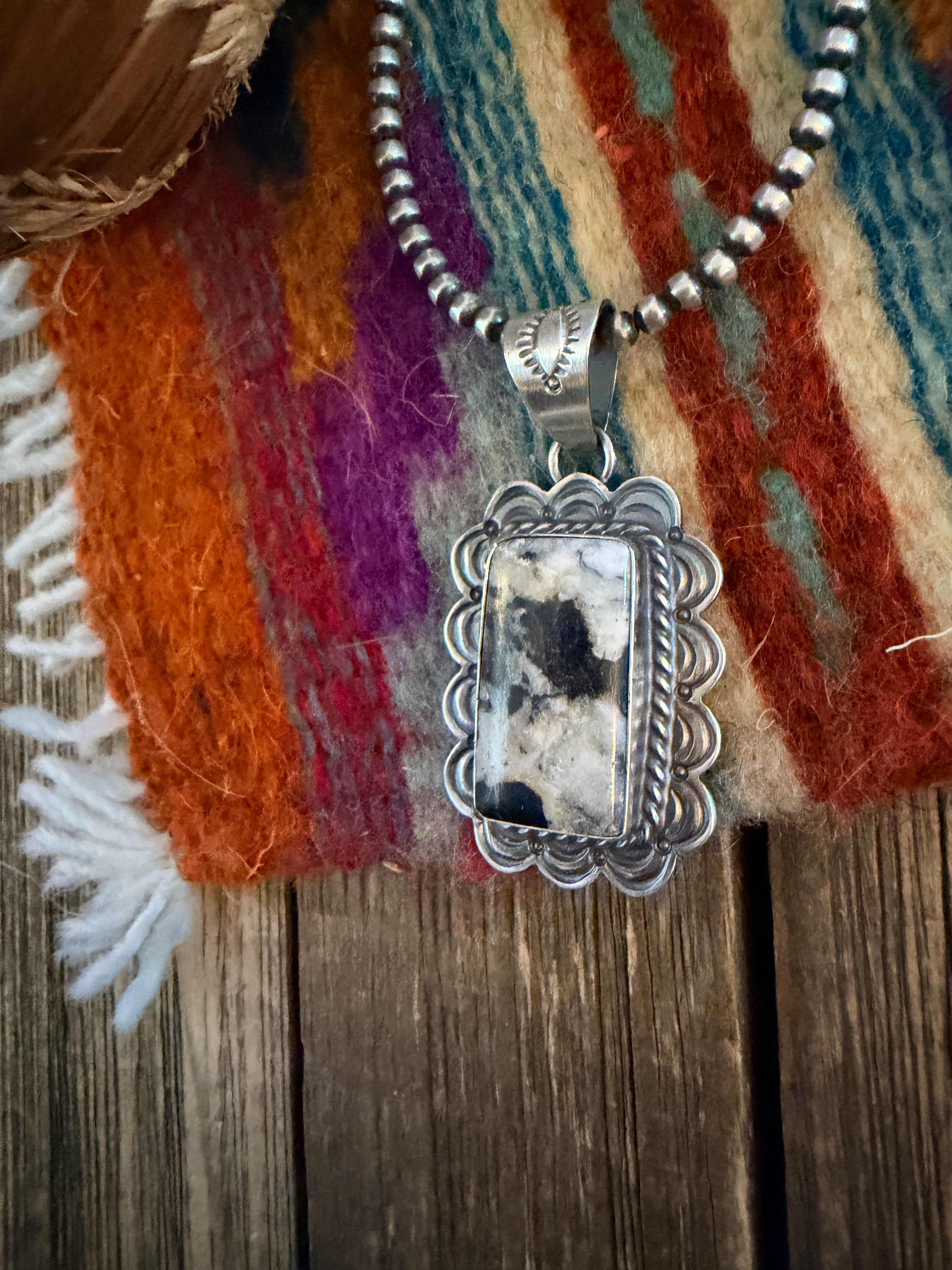 Handcrafted Sterling Silver & White Buffalo Pendant by David Skeets