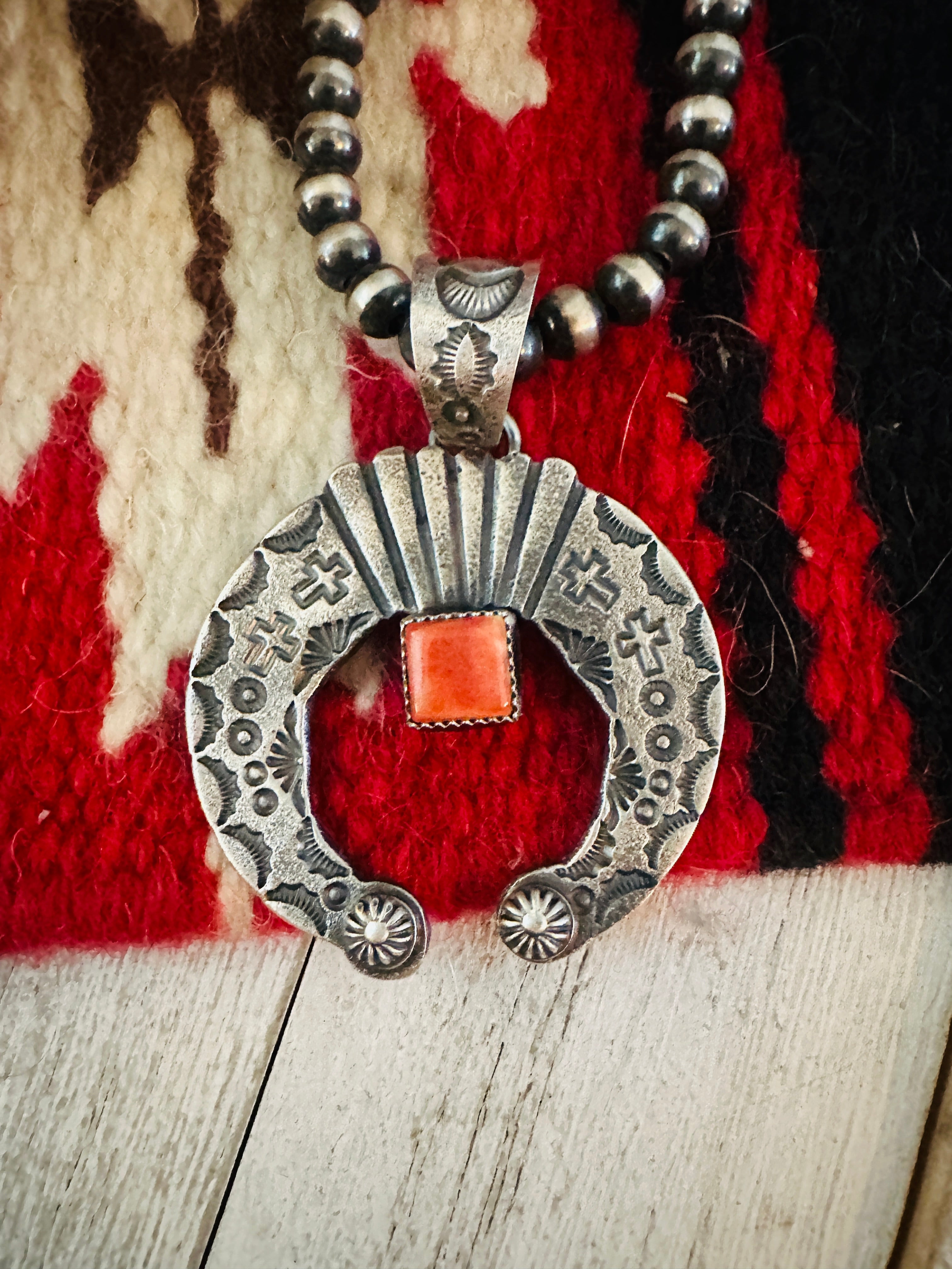 Navajo Sterling Silver & Orange Spiny Naja Pendant by Kevin Billah