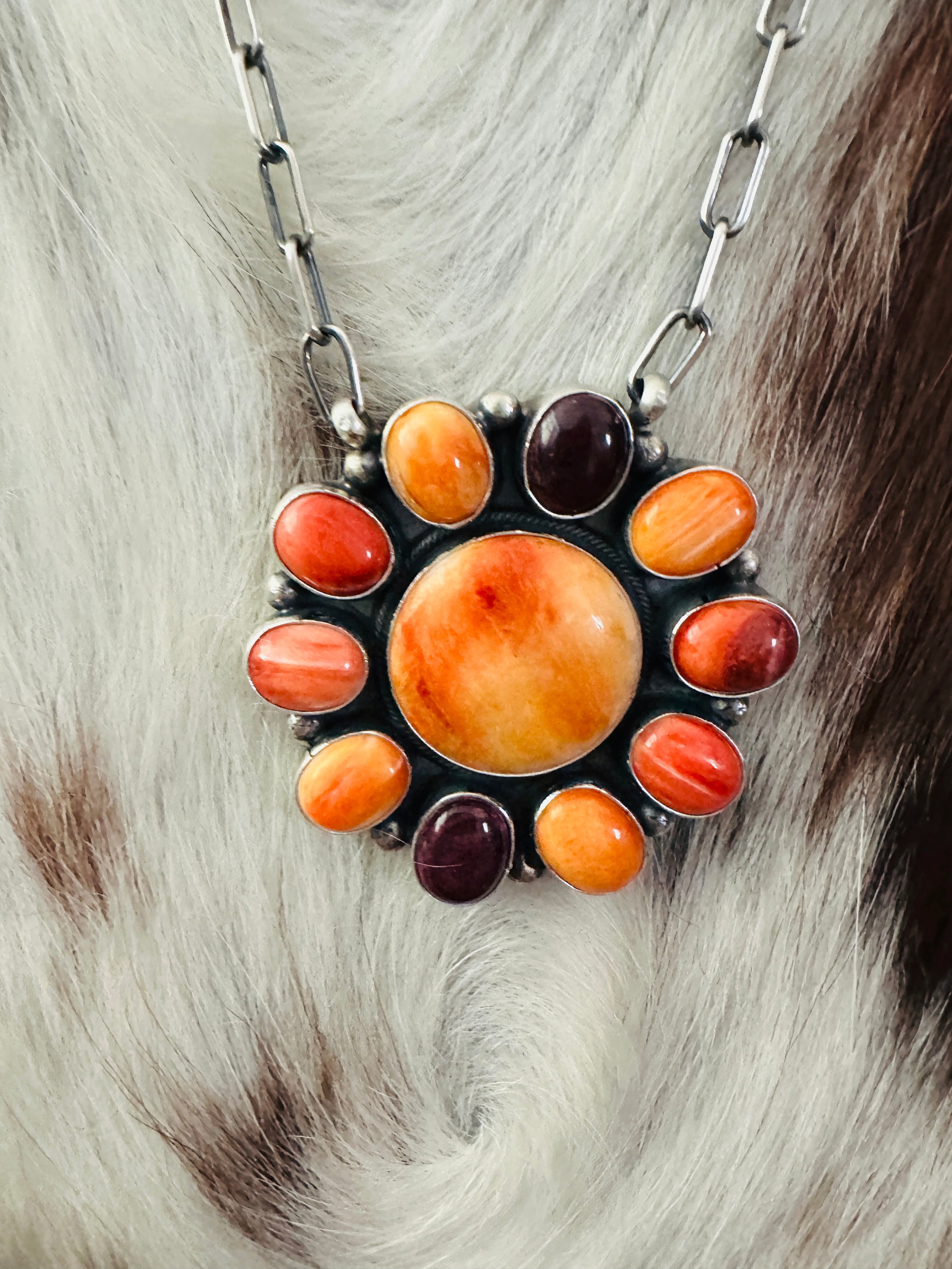 Handcrafted Multicolor Spiny Oyster & Sterling Silver Cluster Necklace by Sheila Becenti