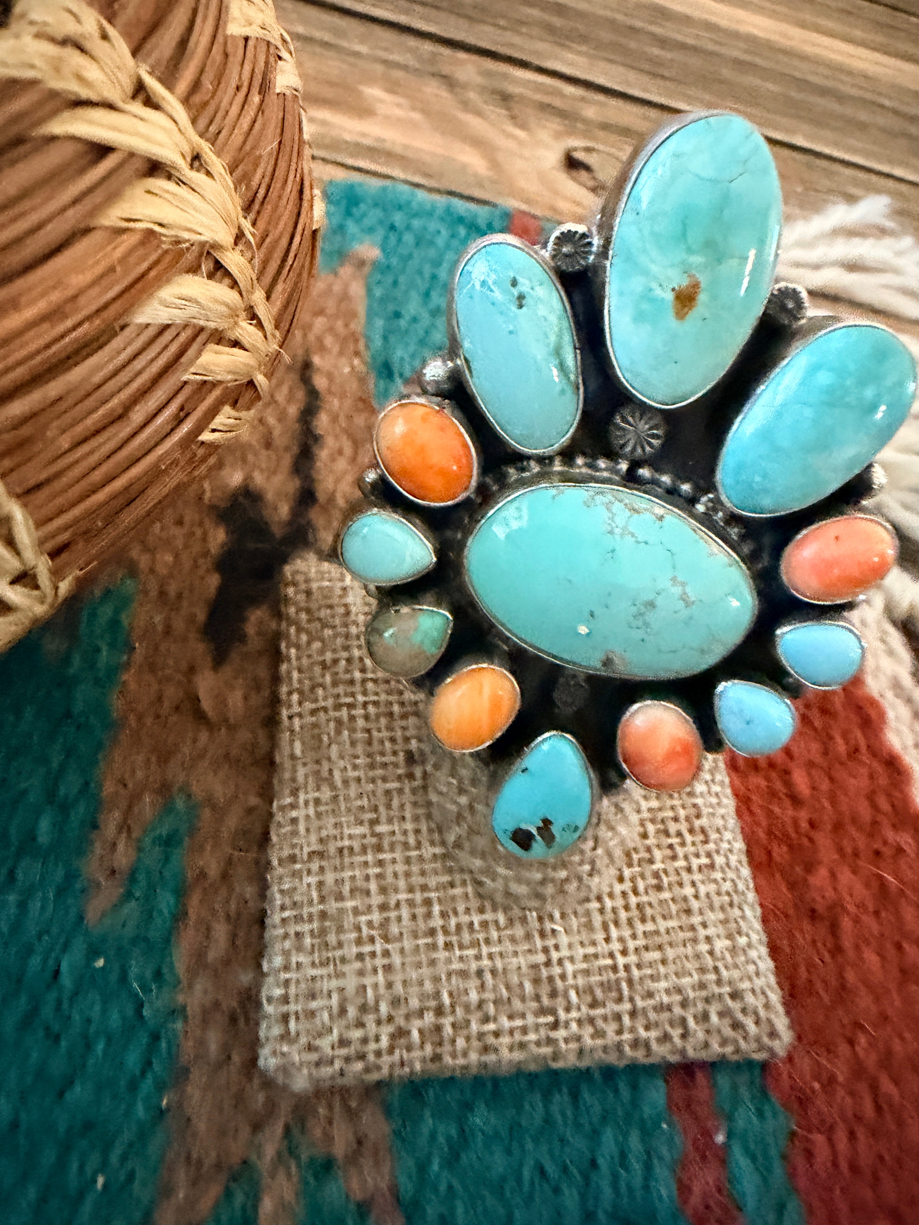 Handcrafted Spiny Oyster, Turquoise & Sterling Silver Cluster Ring by Sheila Becenti Size 6.5