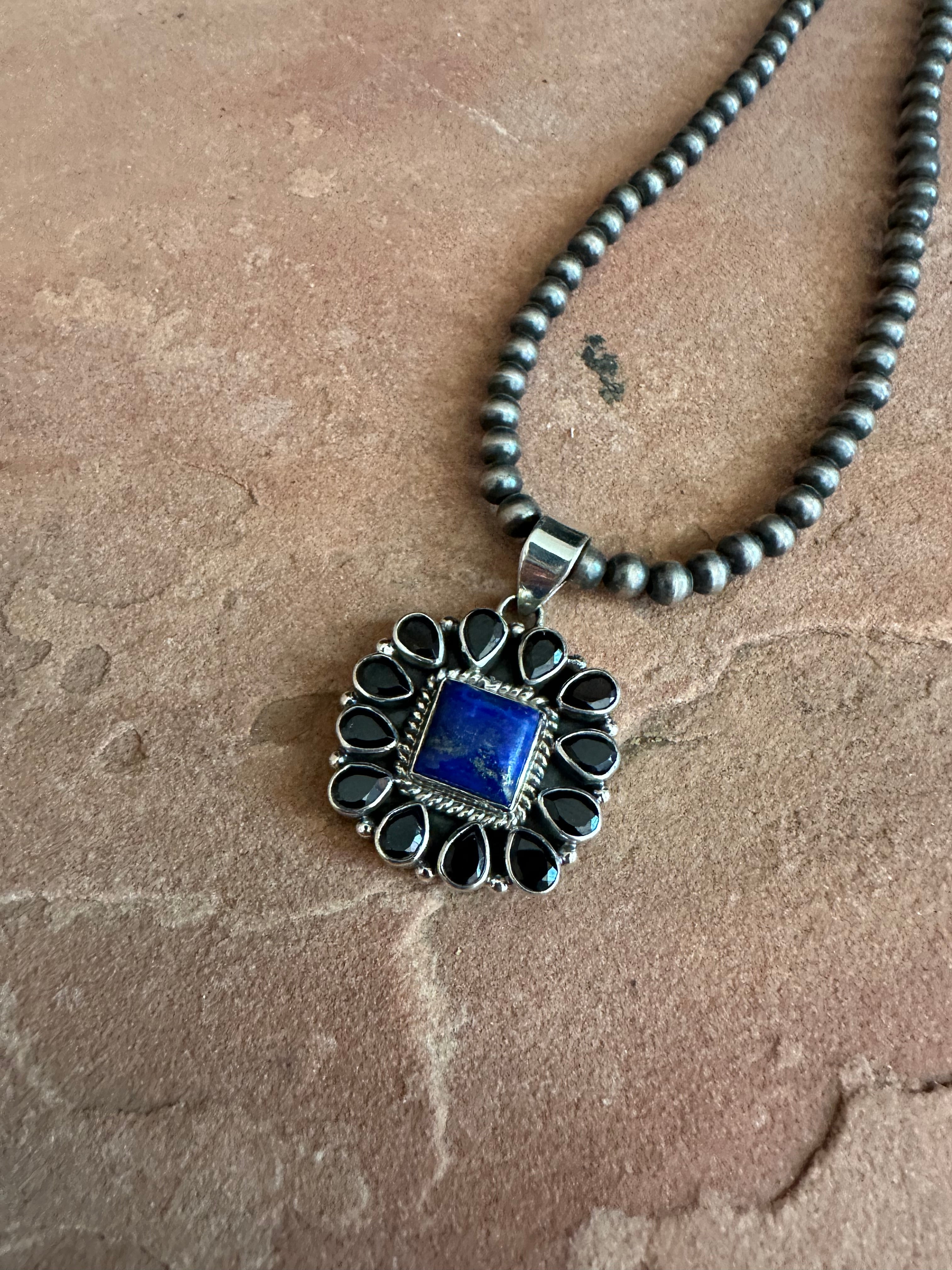 Handmade Lapis, Onyx & Sterling Silver Pendant