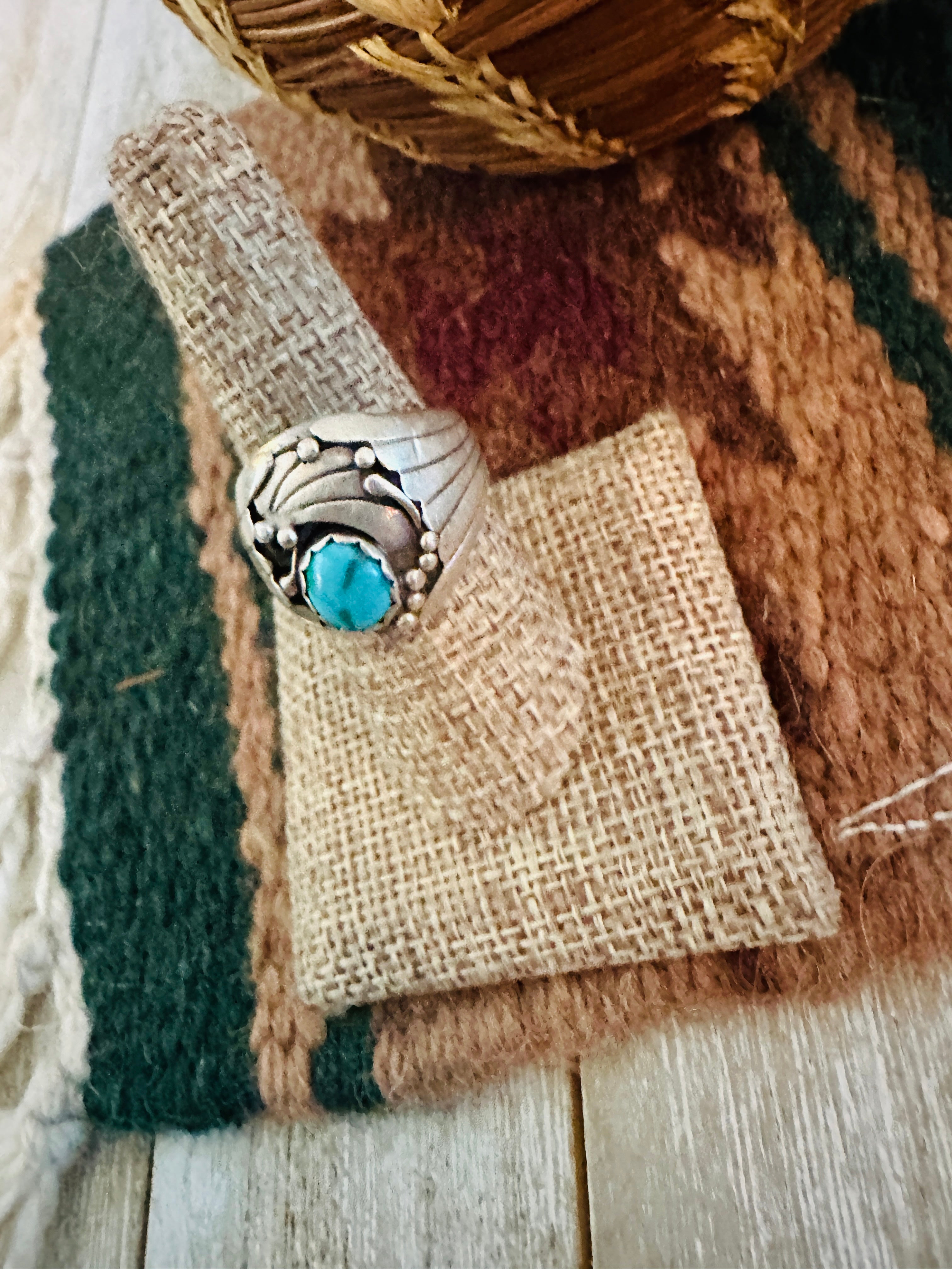 Old Pawn Handcrafted Turquoise, Coral & Sterling Silver Ring Size 5.5