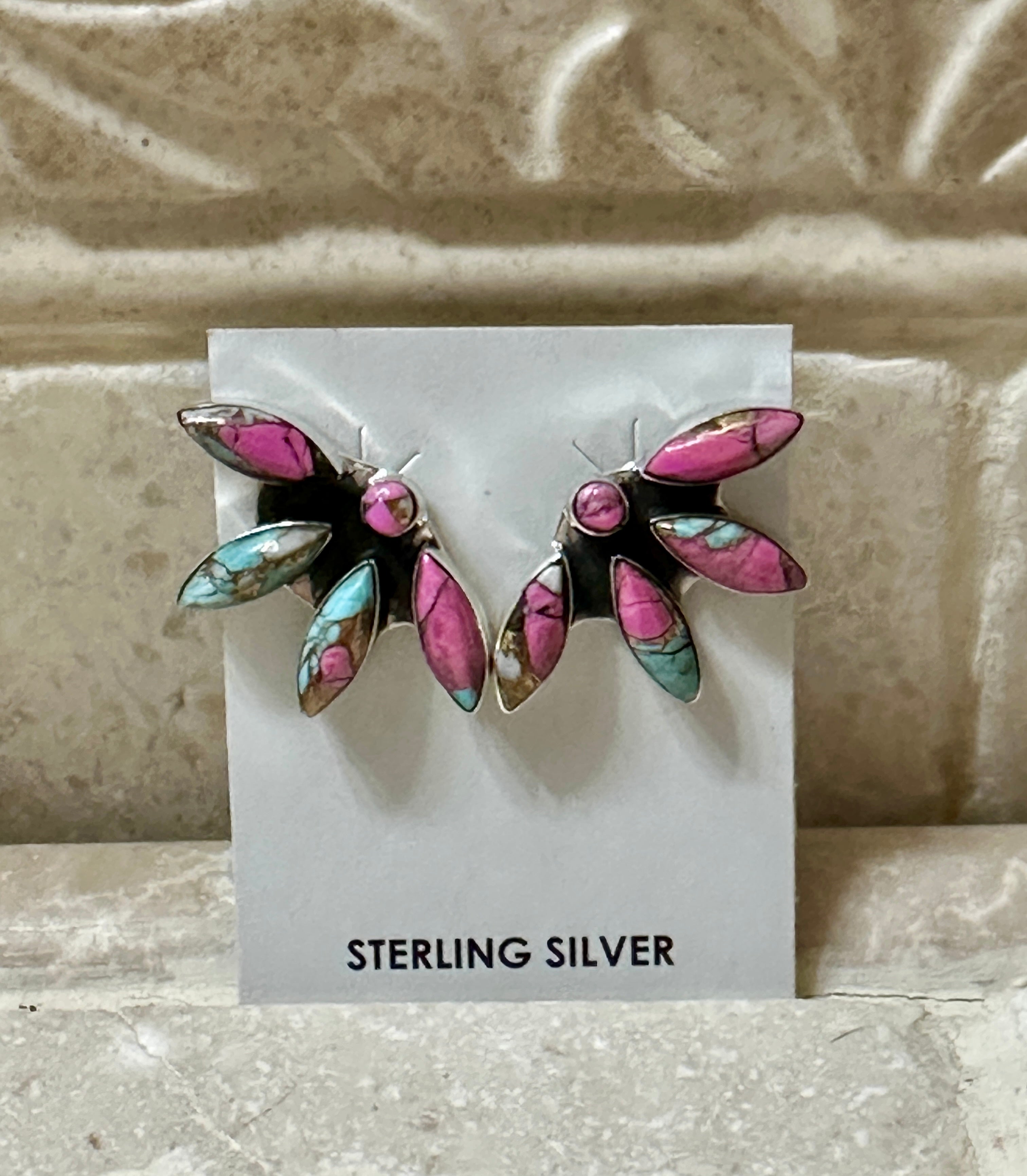Cotton Candy and Sterling Silver Inlay Flower Earrings